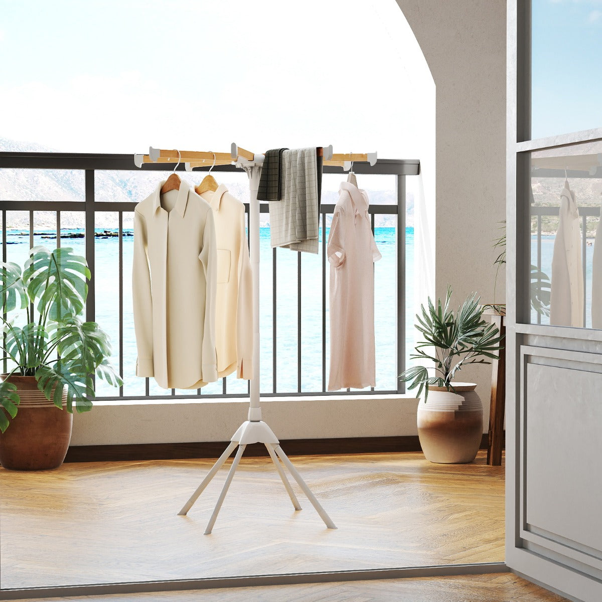 Foldable Laundry Drying Rack with 8 Bamboo Hanging Rods and 4-Legged Design