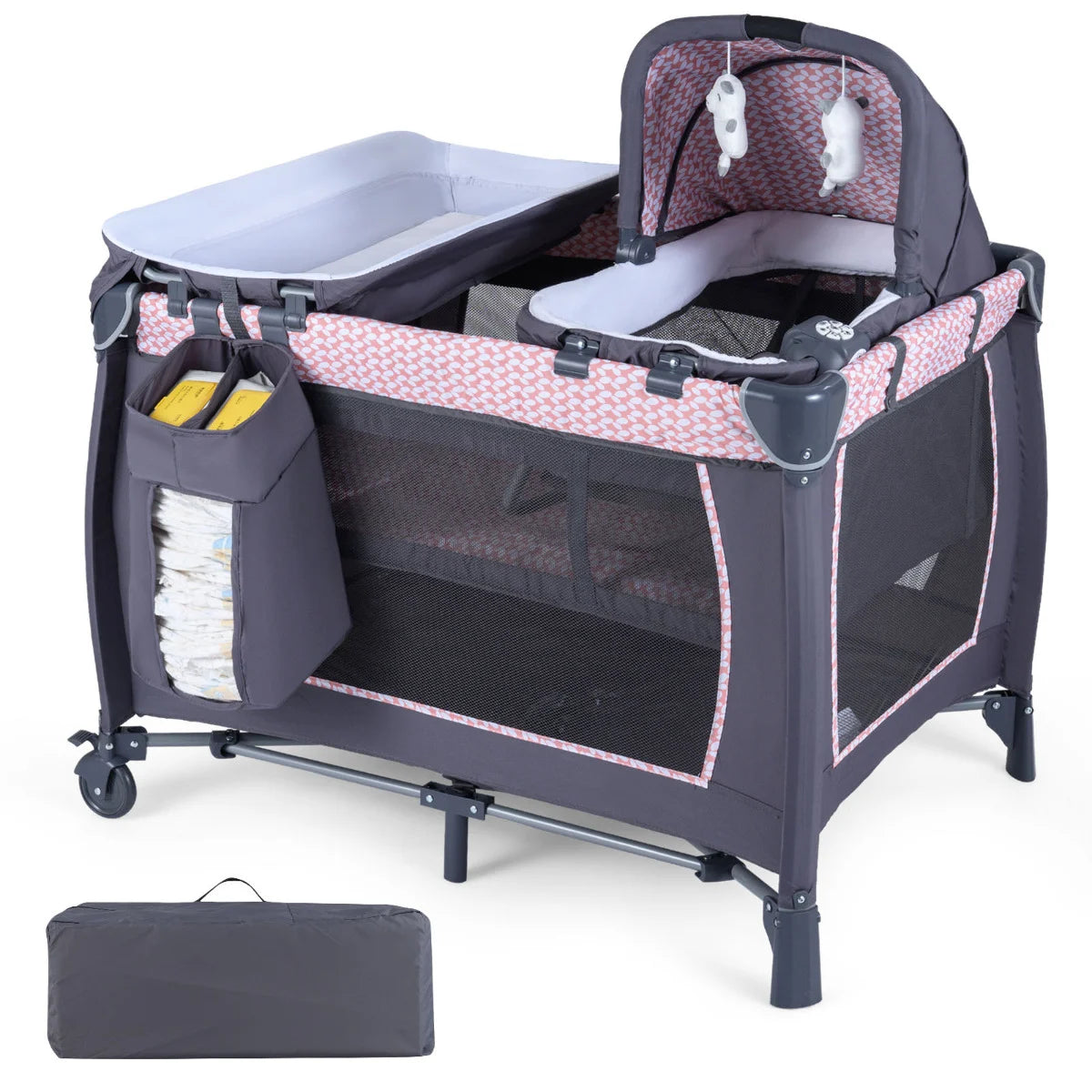Foldable Pack and Play Portable Baby Playard with Rocking Bassinet and Diaper Changing Table-Beige