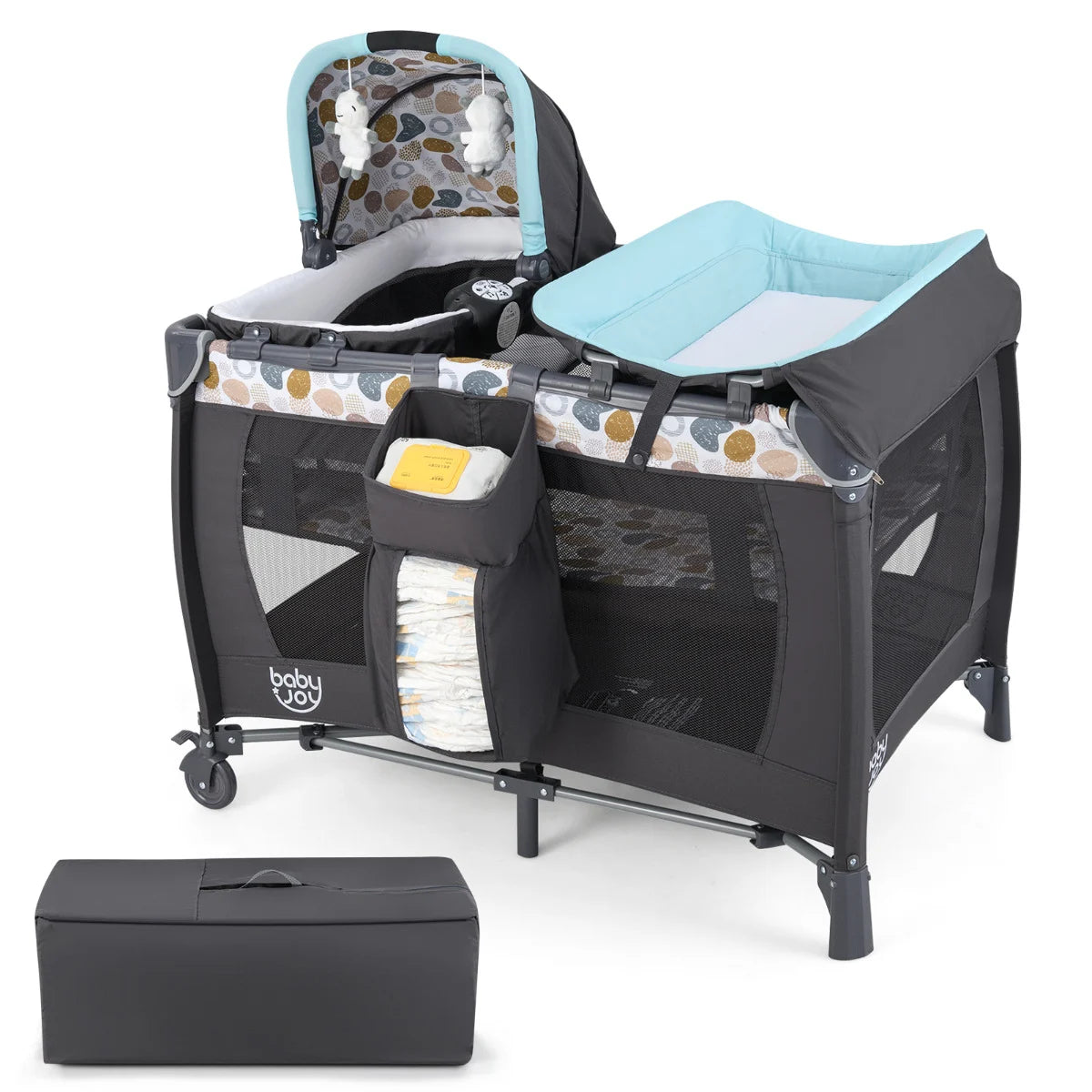 Foldable Pack and Play Portable Baby Playard with Rocking Bassinet and Diaper Changing Table-Beige