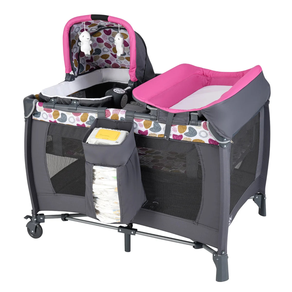 Foldable Pack and Play Portable Baby Playard with Rocking Bassinet and Diaper Changing Table-Beige