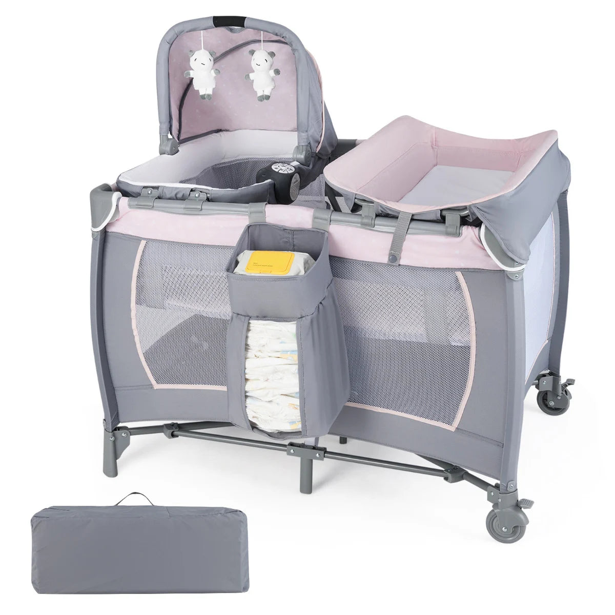 Foldable Pack and Play Portable Baby Playard with Rocking Bassinet and Diaper Changing Table-Beige