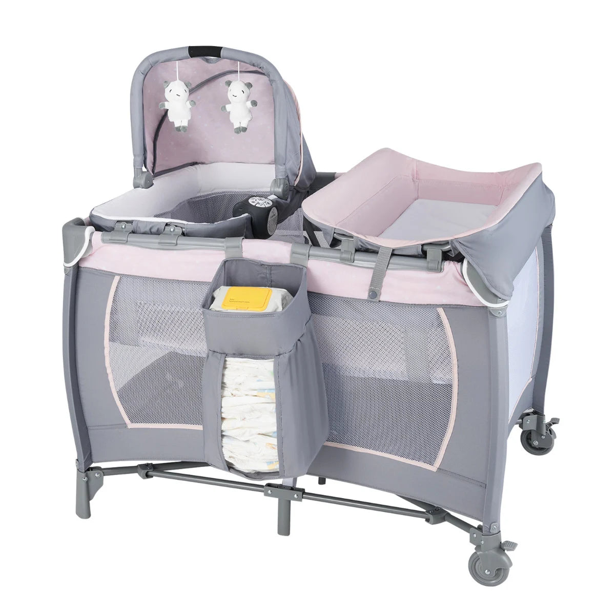 Foldable Pack and Play Portable Baby Playard with Rocking Bassinet and Diaper Changing Table-Beige