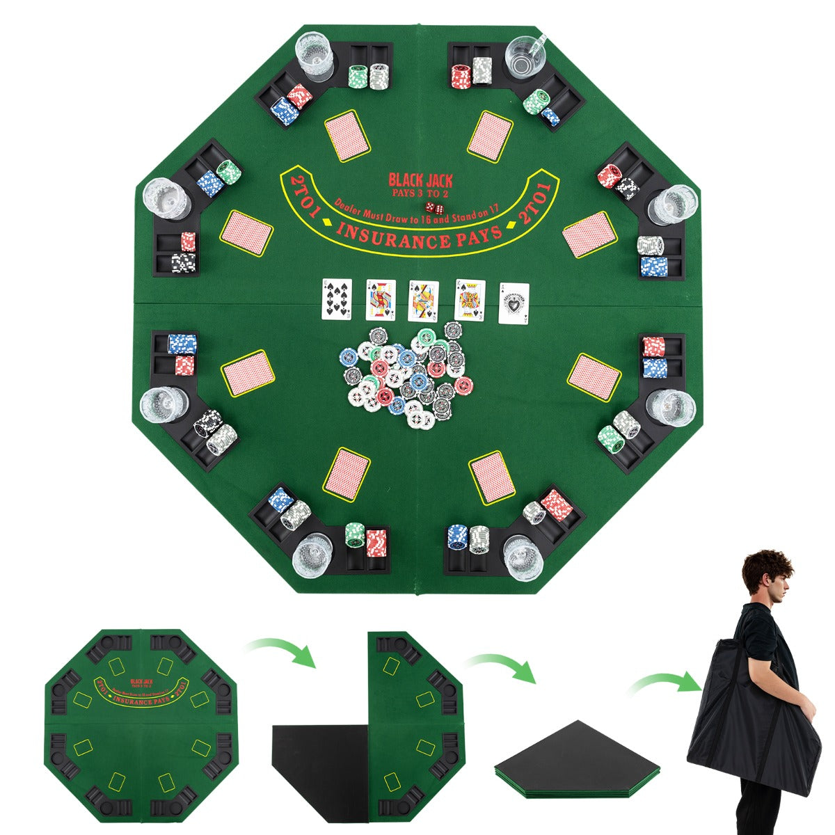120CM 8-Player Foldable Poker Table Top with Carrying Bag-Blue