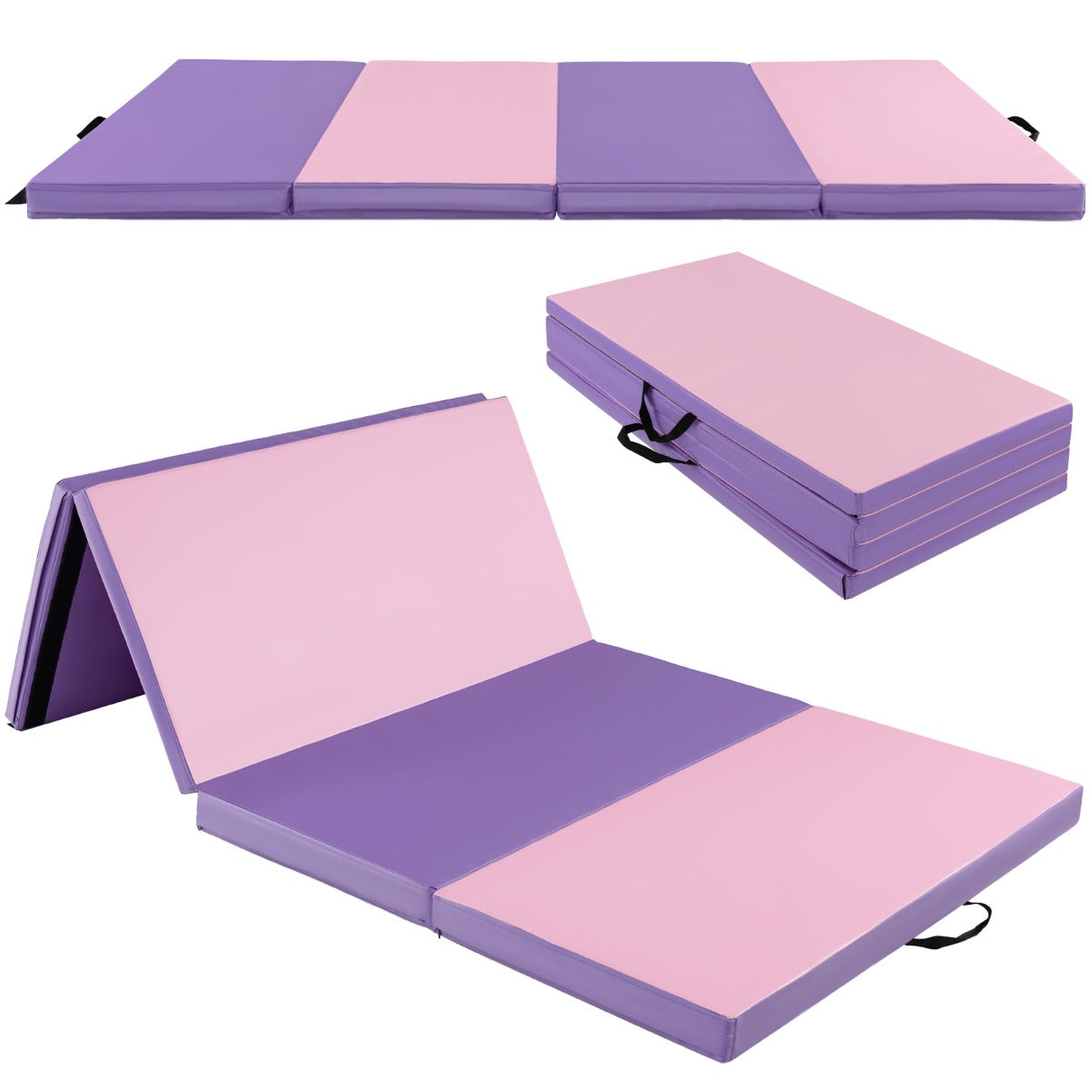 Folding Gymnastics Mat with Carry Handles Hook and Loop Fasteners-Blue
