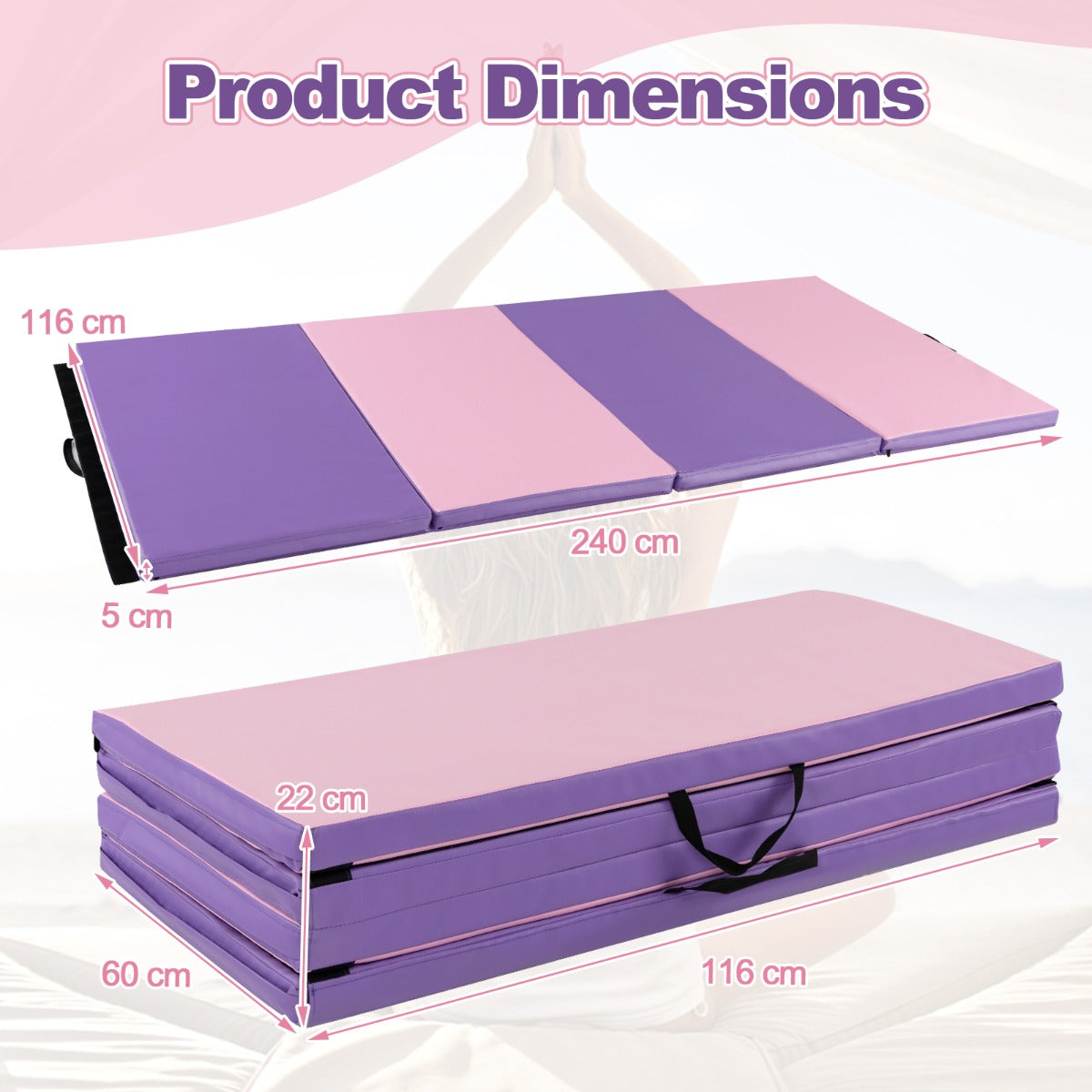 Folding Gymnastics Mat with Carry Handles Hook and Loop Fasteners-Blue