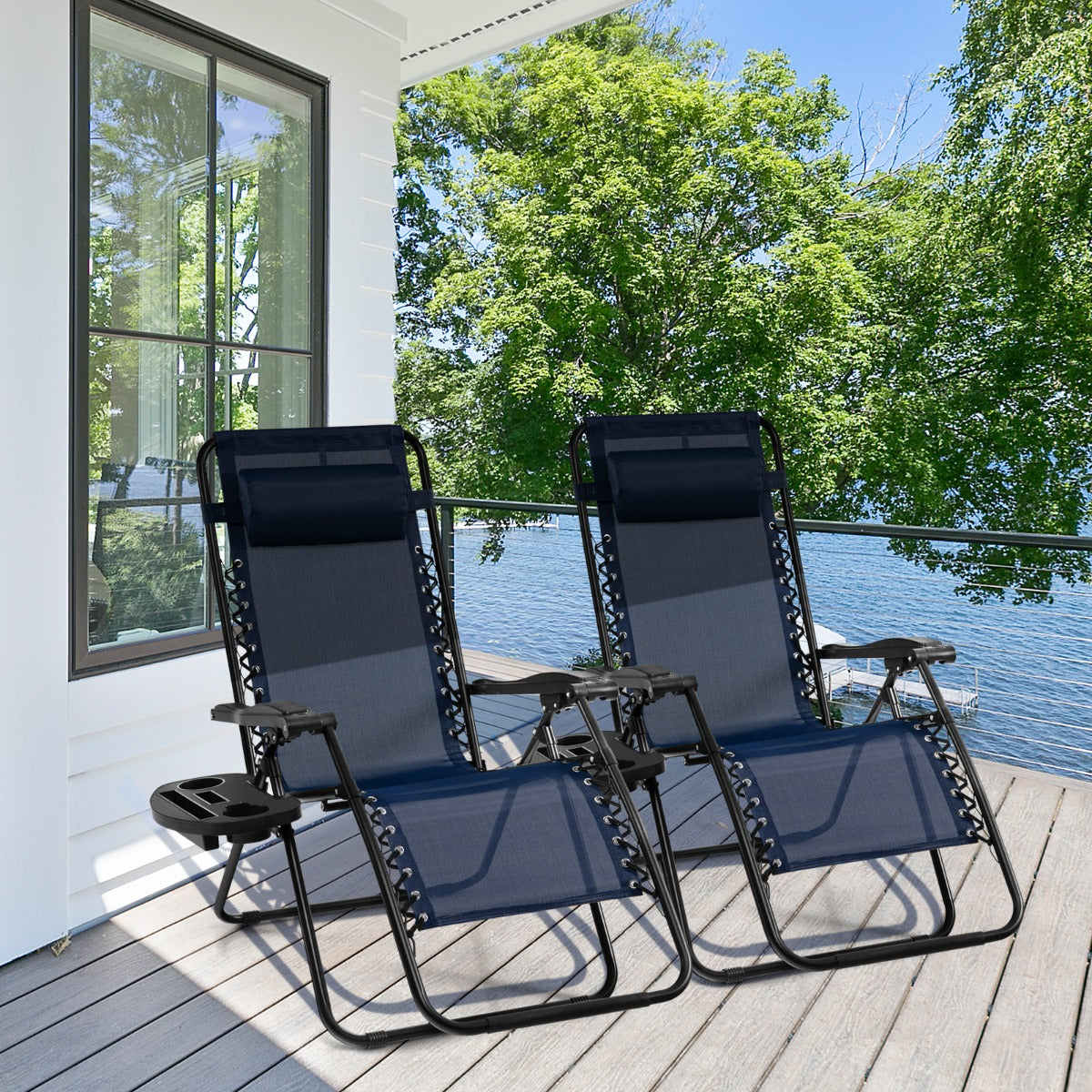 Folding Patio Recliners with Removable Headrest and Cup Holder Set of 2-Beige
