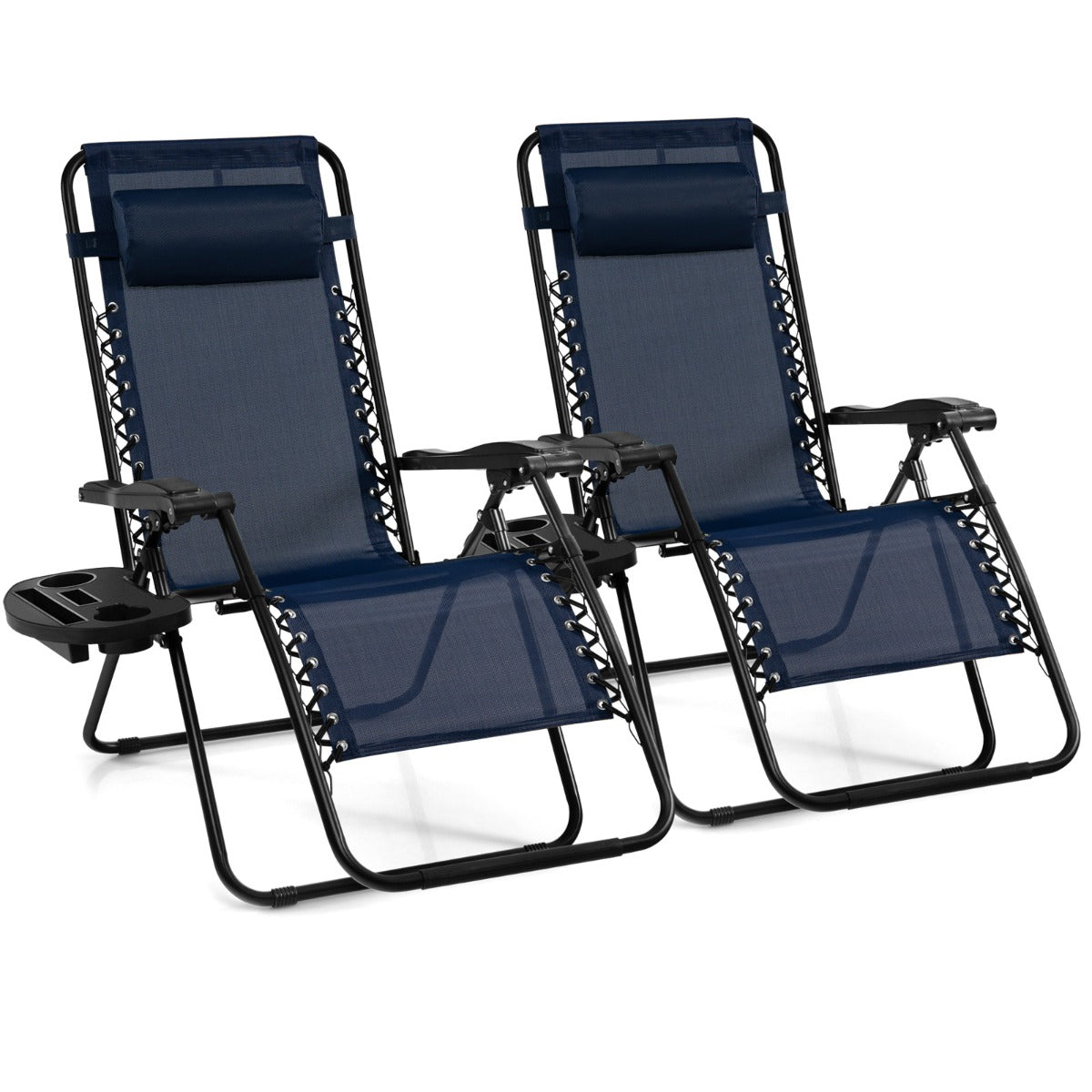 Folding Patio Recliners with Removable Headrest and Cup Holder Set of 2-Beige