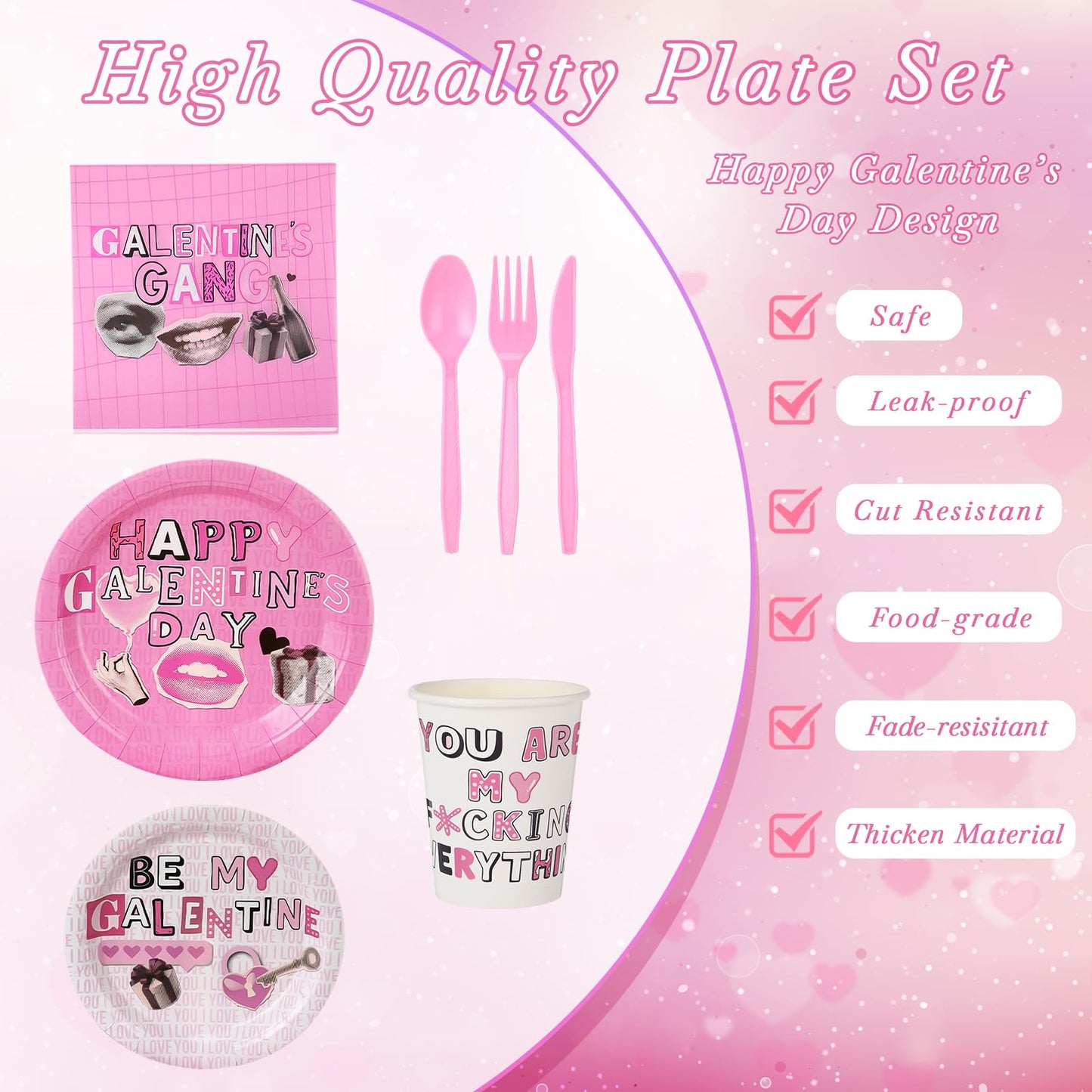 FoldTier 12-Set Galentine's Day Tableware – Pink Plates, Cups & Utensils