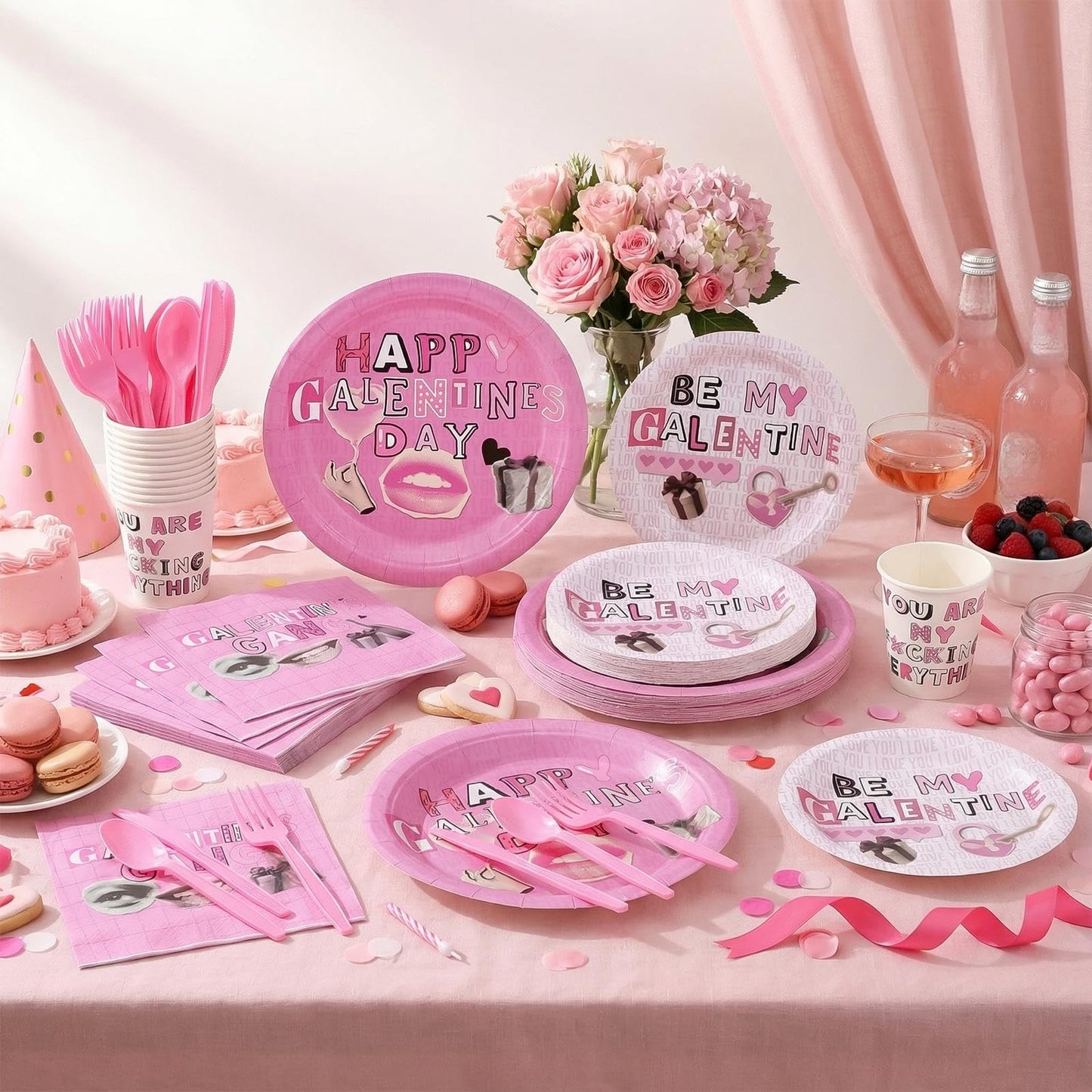 FoldTier 12-Set Galentine's Day Tableware – Pink Plates, Cups & Utensils
