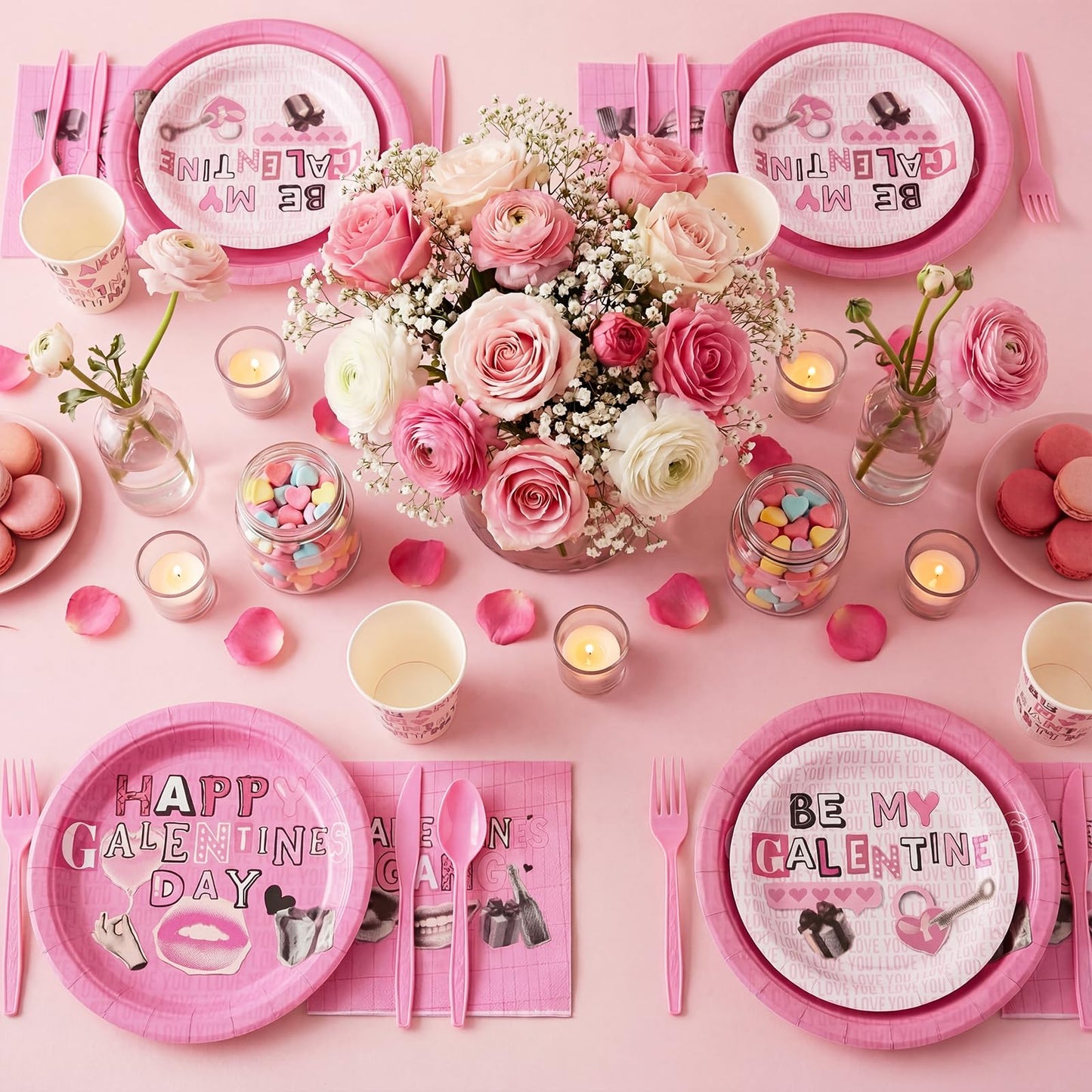 FoldTier 12-Set Galentine's Day Tableware – Pink Plates, Cups & Utensils