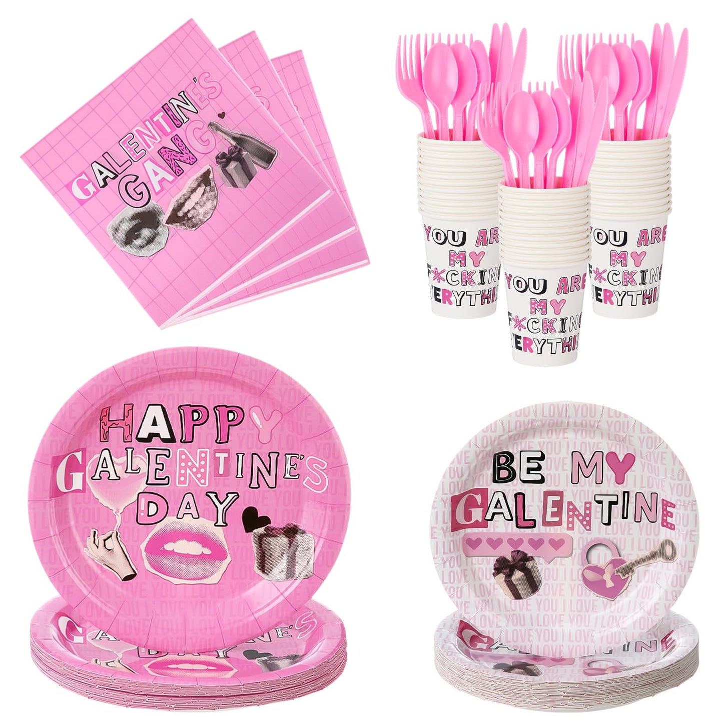 FoldTier 12-Set Galentine's Day Tableware – Pink Plates, Cups & Utensils