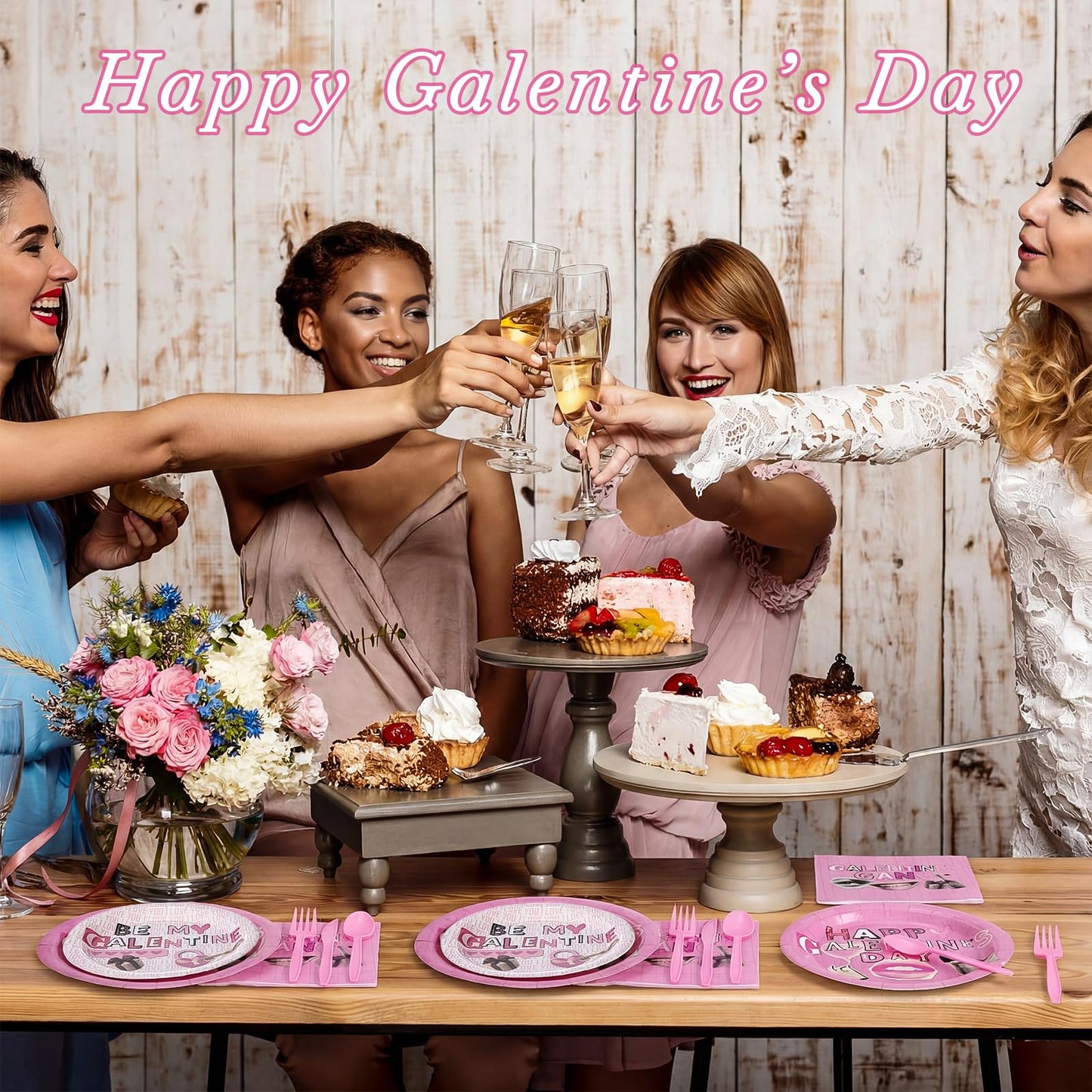 FoldTier 12-Set Galentine's Day Tableware – Pink Plates, Cups & Utensils