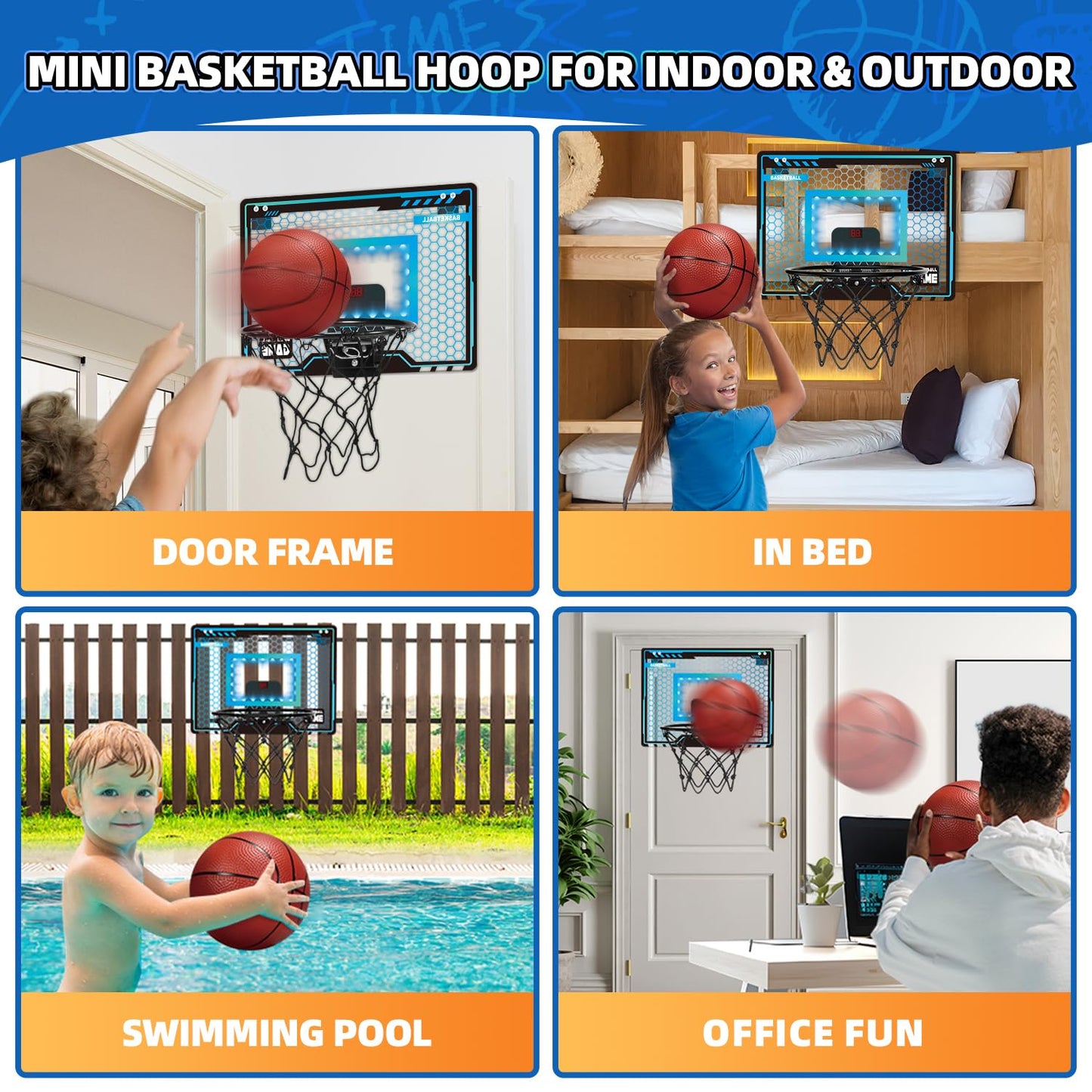 Folimix Mini Basketball Hoop Indoor — Over-Door with LED Scoreboard & 3 Balls