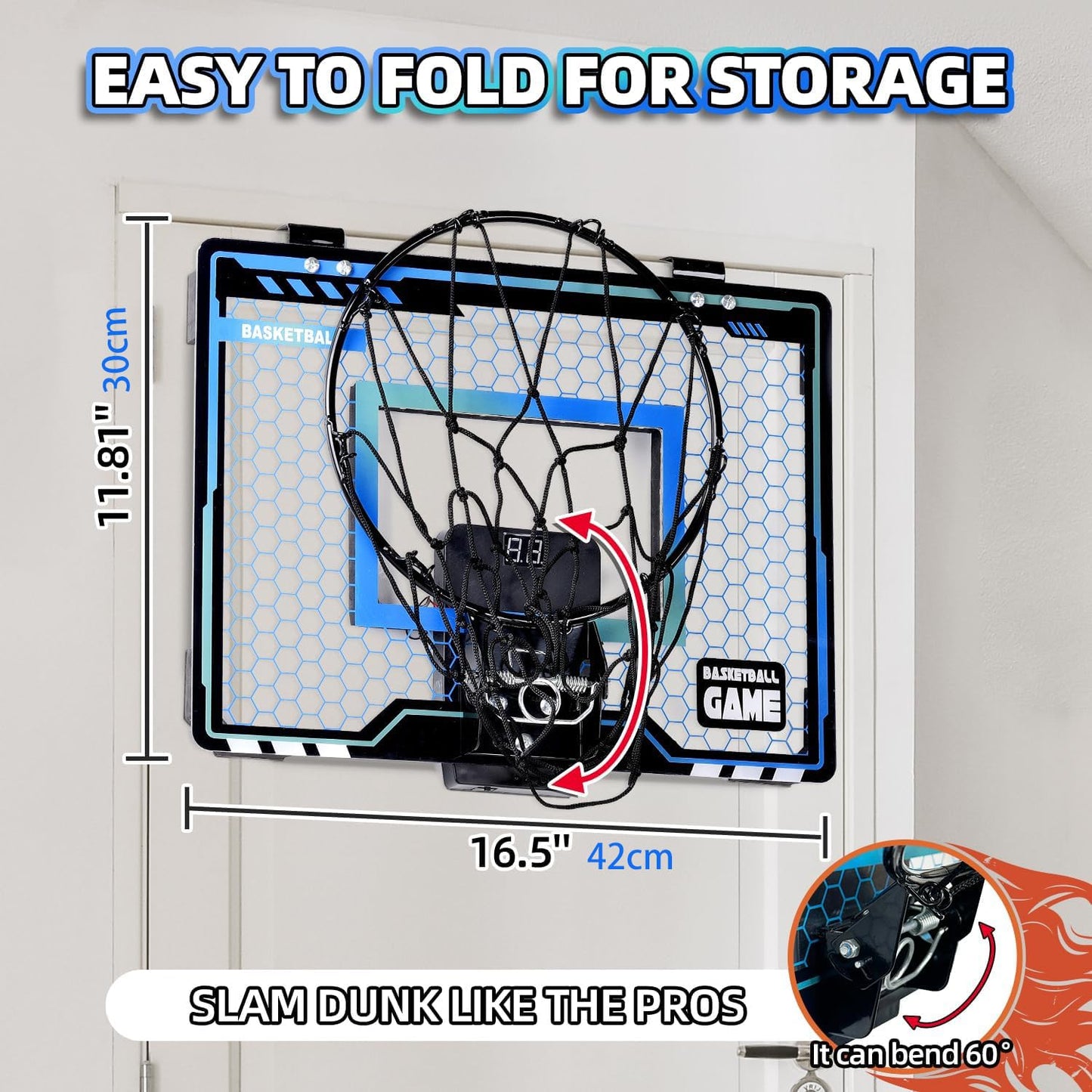 Folimix Mini Basketball Hoop Indoor — Over-Door with LED Scoreboard & 3 Balls
