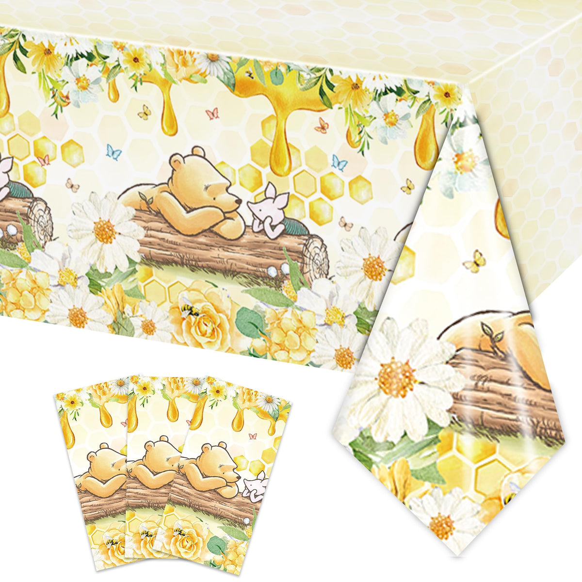 FOLNESH 3Pcs Winnie Bear Baby Shower Tablecloths — 107x53 in Yellow Table Cover, Disposable Party Decor