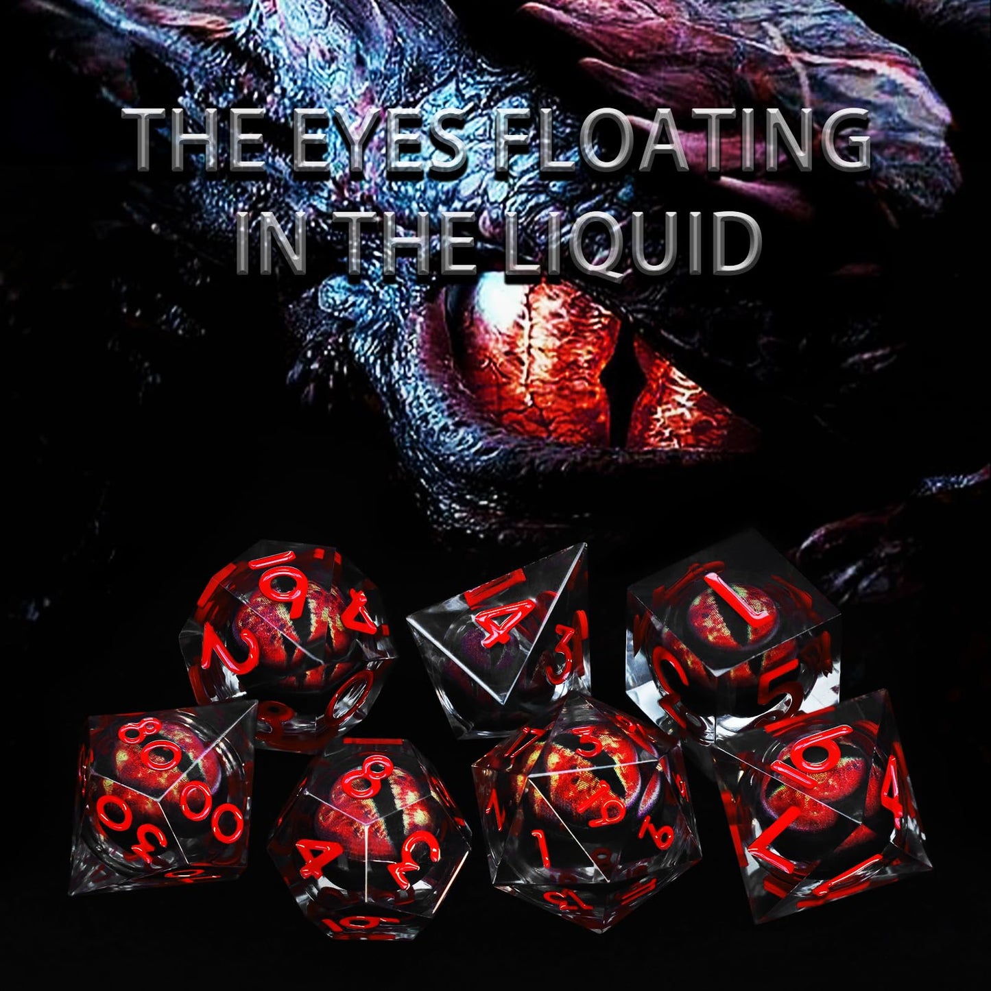 FONVGOGO Liquid Core Dragon Eye DND Dice – Sharp Edge Resin Polyhedral Set (Red)