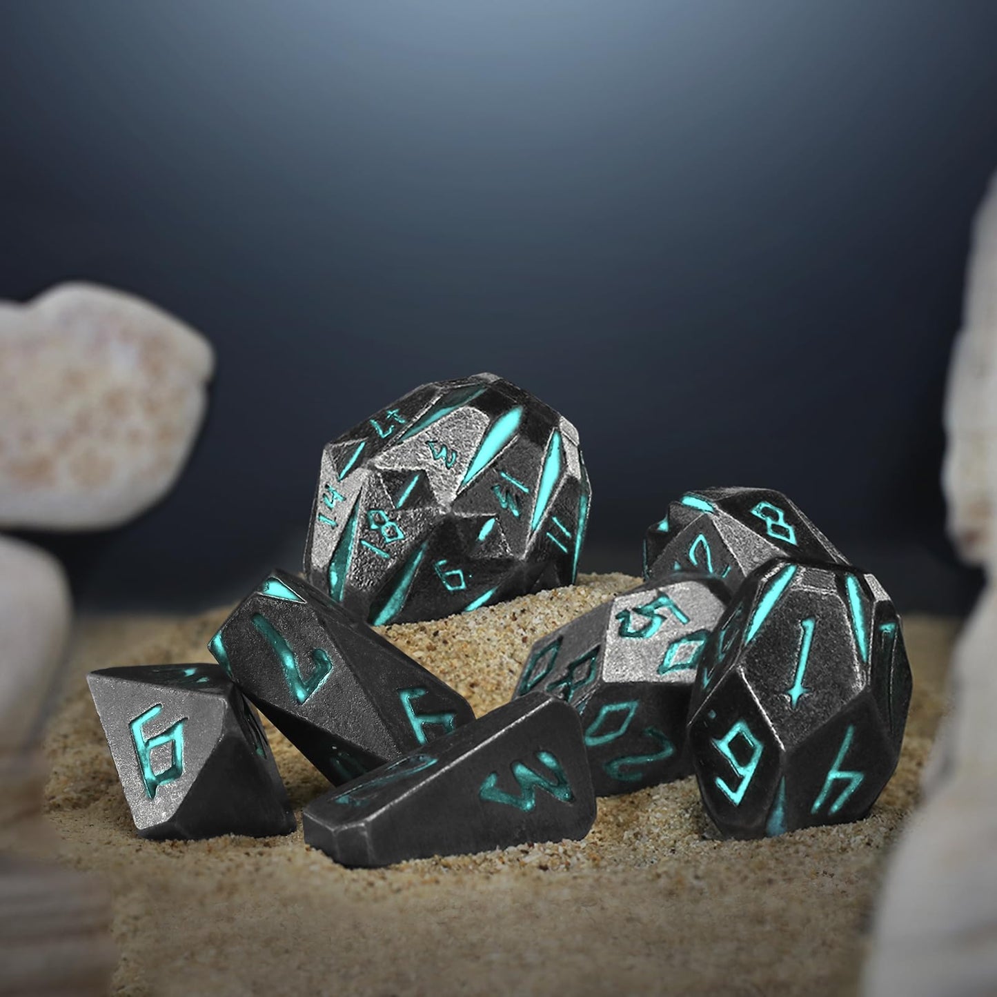 FONVGOGO Stonehenge Metal DND Dice Set – 7 Polyhedral Dice in Blue
