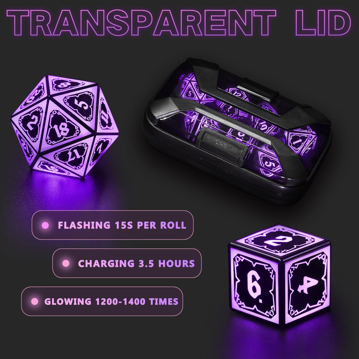 FONVGOGO Light Up DND Dice Set - Rechargeable 7-Piece LED Astral Shard Purple