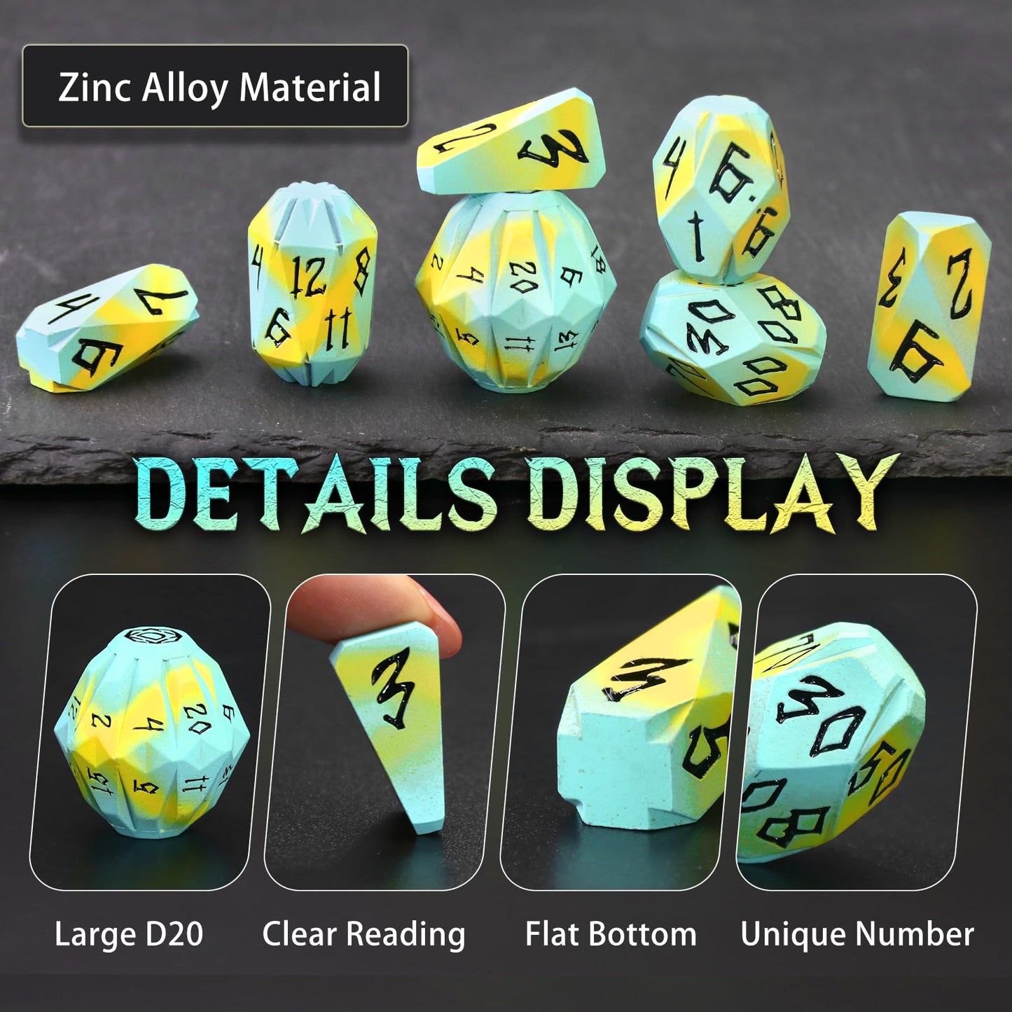 FONVGOGO Metal DND Dice Set – 7 Polyhedral D&D Dice in Blue Yellow with Case
