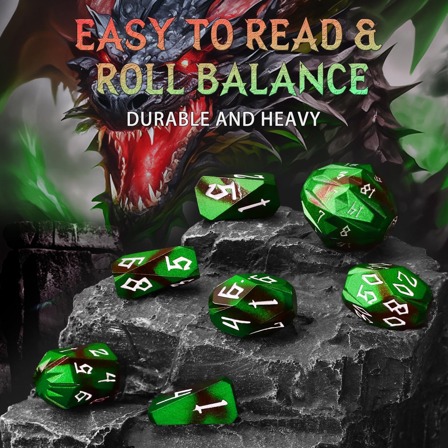 FONVGOGO Metal DND Dice Set – 7-Piece Zinc Alloy Polyhedral Dice with Storage Case (Black/Green)