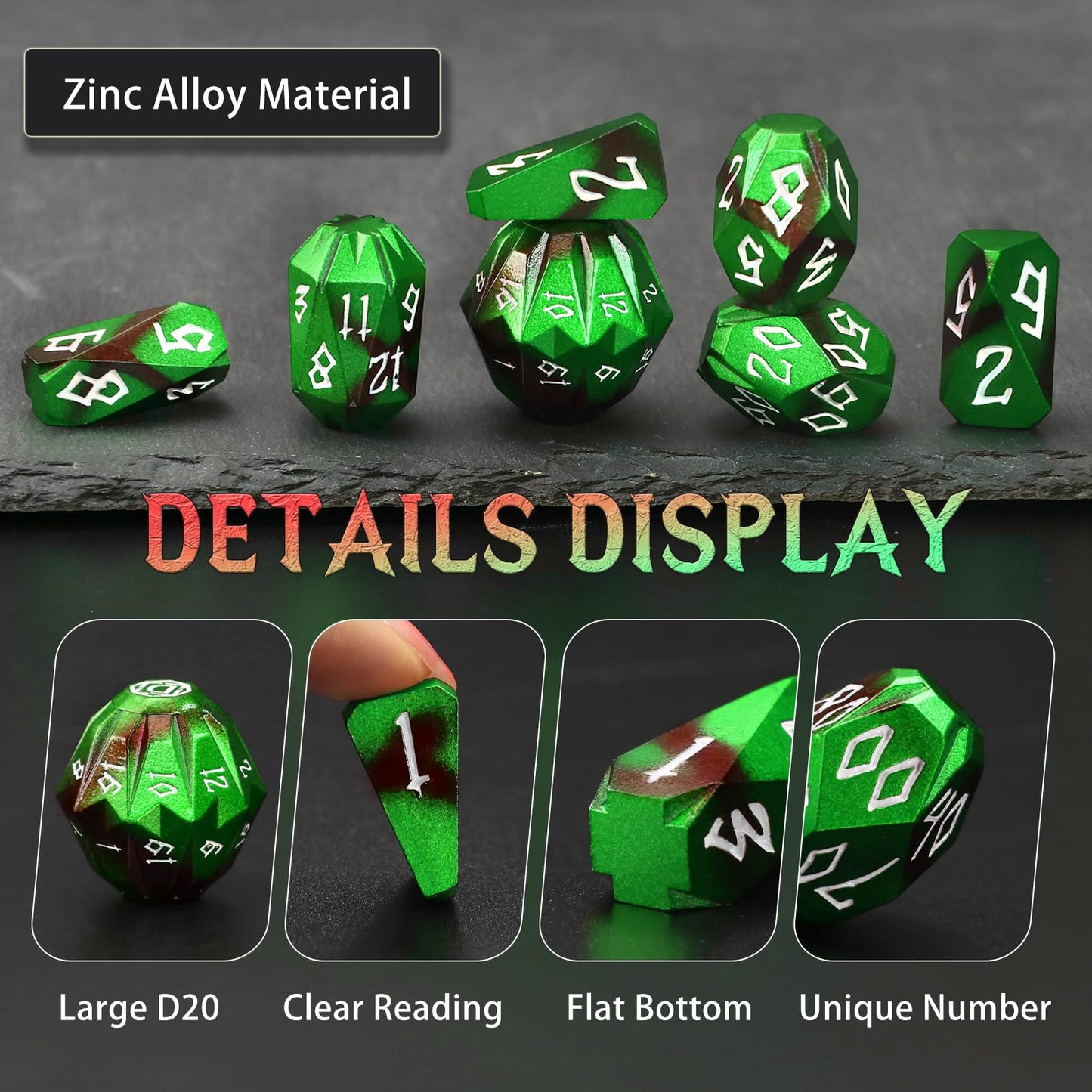 FONVGOGO Metal DND Dice Set – 7-Piece Zinc Alloy Polyhedral Dice with Storage Case (Black/Green)