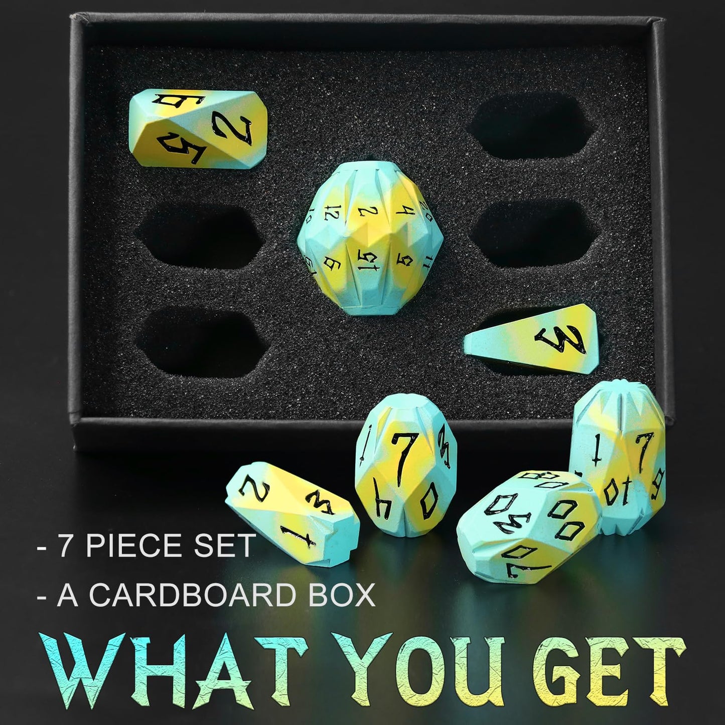 FONVGOGO Metal DND Dice Set – 7 Polyhedral D&D Dice in Blue Yellow with Case
