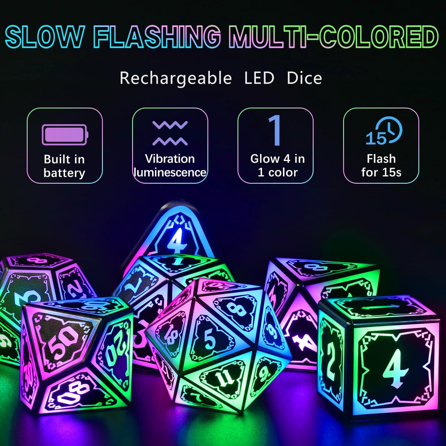 FONVGOGO Light Up Dice Set – 4-in-1 LED DND Dice with Rechargeable Charging Box (Astral Shard Colors)
