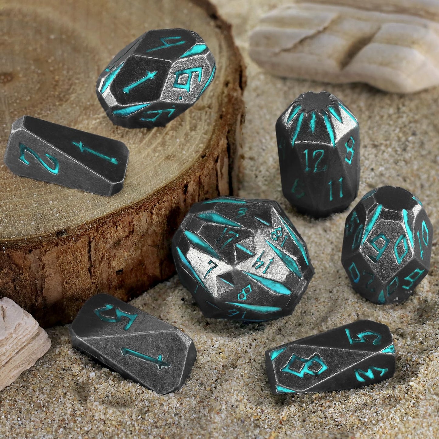 FONVGOGO Stonehenge Metal DND Dice Set – 7 Polyhedral Dice in Blue