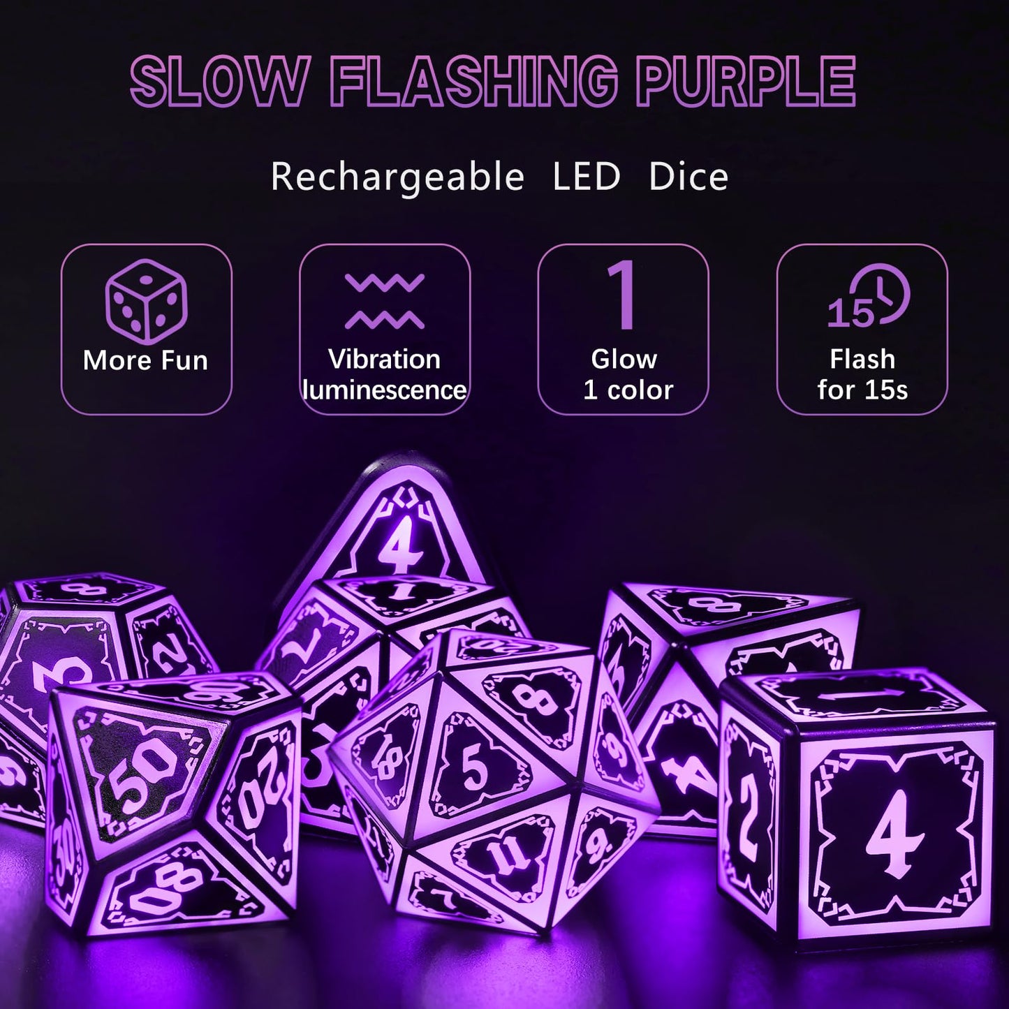 FONVGOGO Light Up DND Dice Set - Rechargeable 7-Piece LED Astral Shard Purple