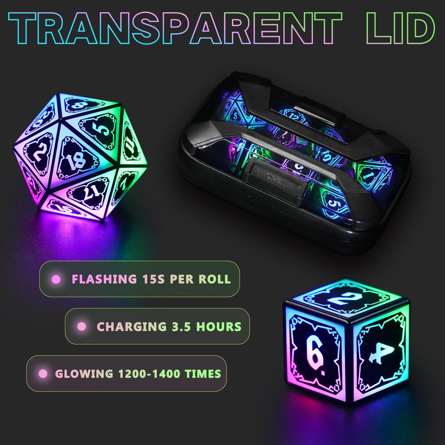 FONVGOGO Light Up Dice Set – 4-in-1 LED DND Dice with Rechargeable Charging Box (Astral Shard Colors)