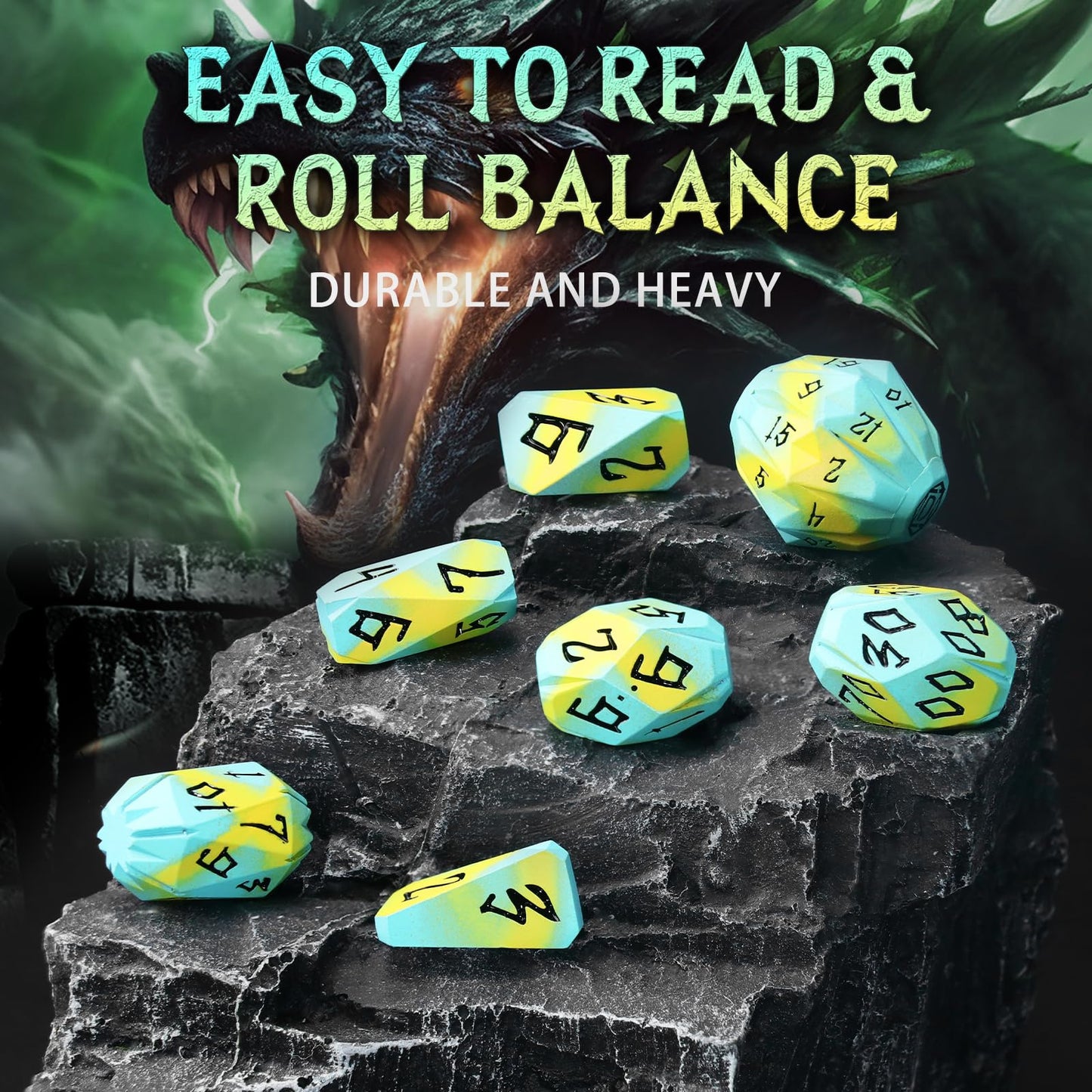 FONVGOGO Metal DND Dice Set – 7 Polyhedral D&D Dice in Blue Yellow with Case