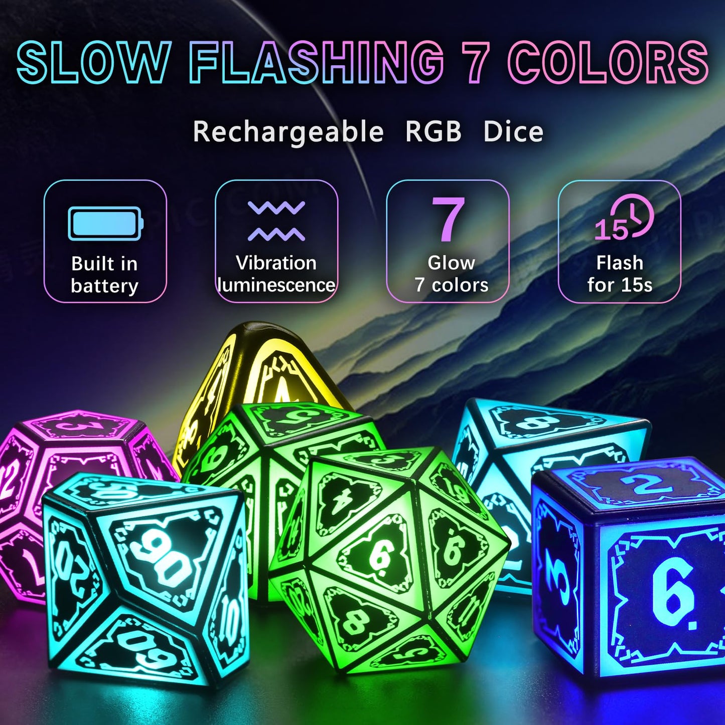 FONVGOGO Wireless Light Up Dice Set for D&D – RGB DND Dice Astral Shard Black