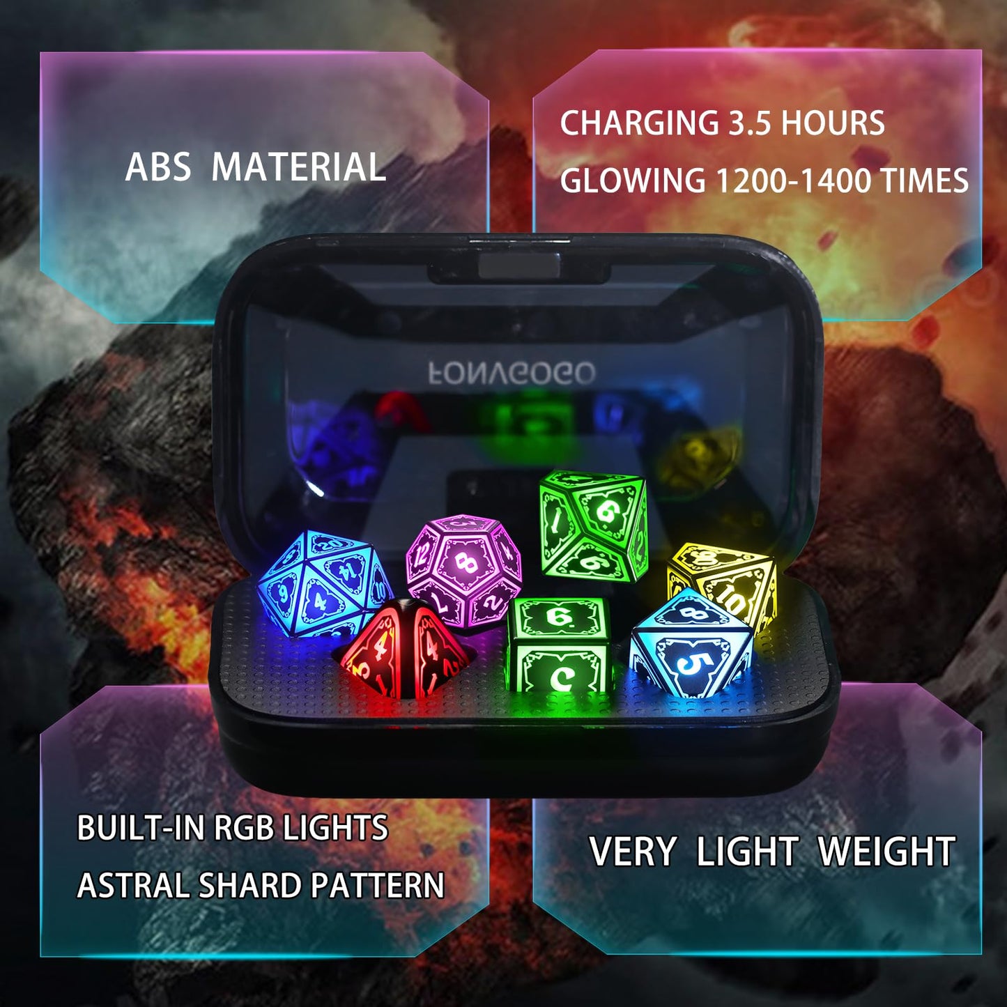 FONVGOGO Wireless Light Up Dice Set for D&D – RGB DND Dice Astral Shard Black