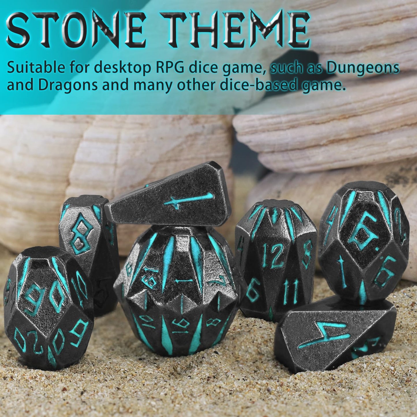 FONVGOGO Stonehenge Metal DND Dice Set – 7 Polyhedral Dice in Blue