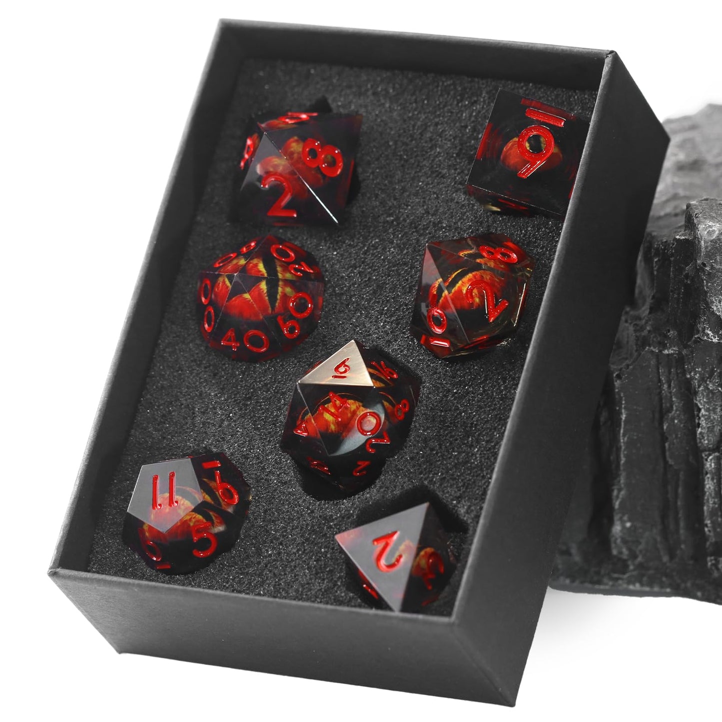 FONVGOGO Liquid Core Dragon Eye DND Dice – Sharp Edge Resin Polyhedral Set (Red)