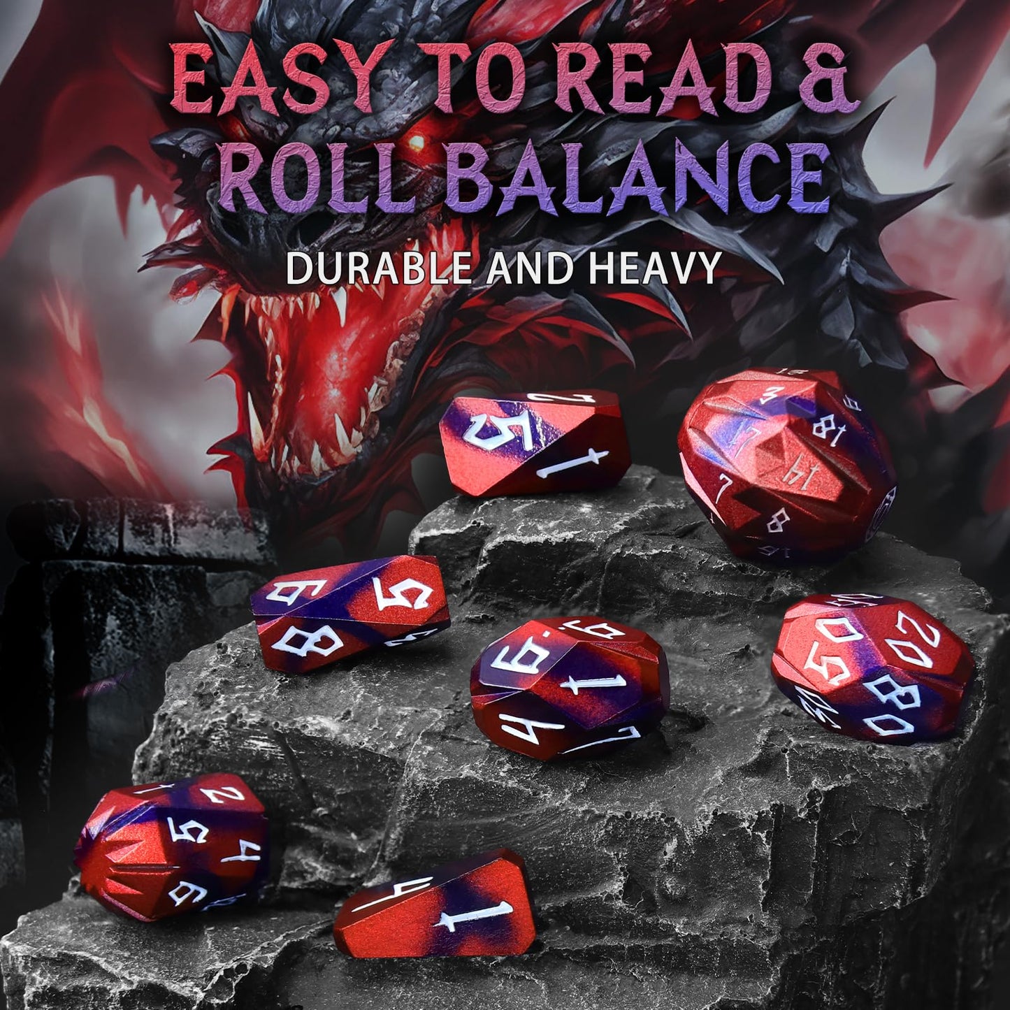 FONVGOGO Metal Dice Set – D&D Polyhedral Dice with Case (Black Red)