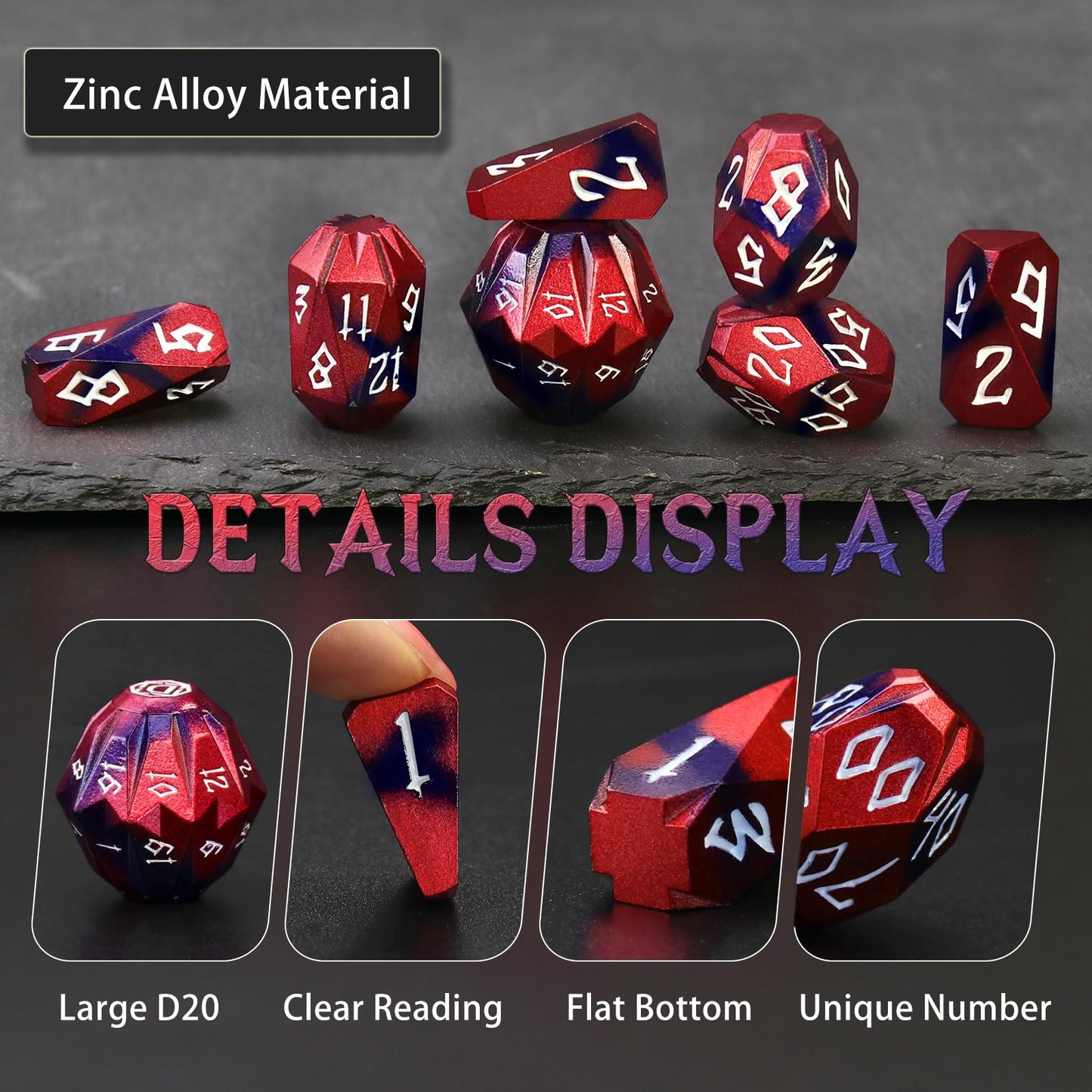 FONVGOGO Metal Dice Set – D&D Polyhedral Dice with Case (Black Red)