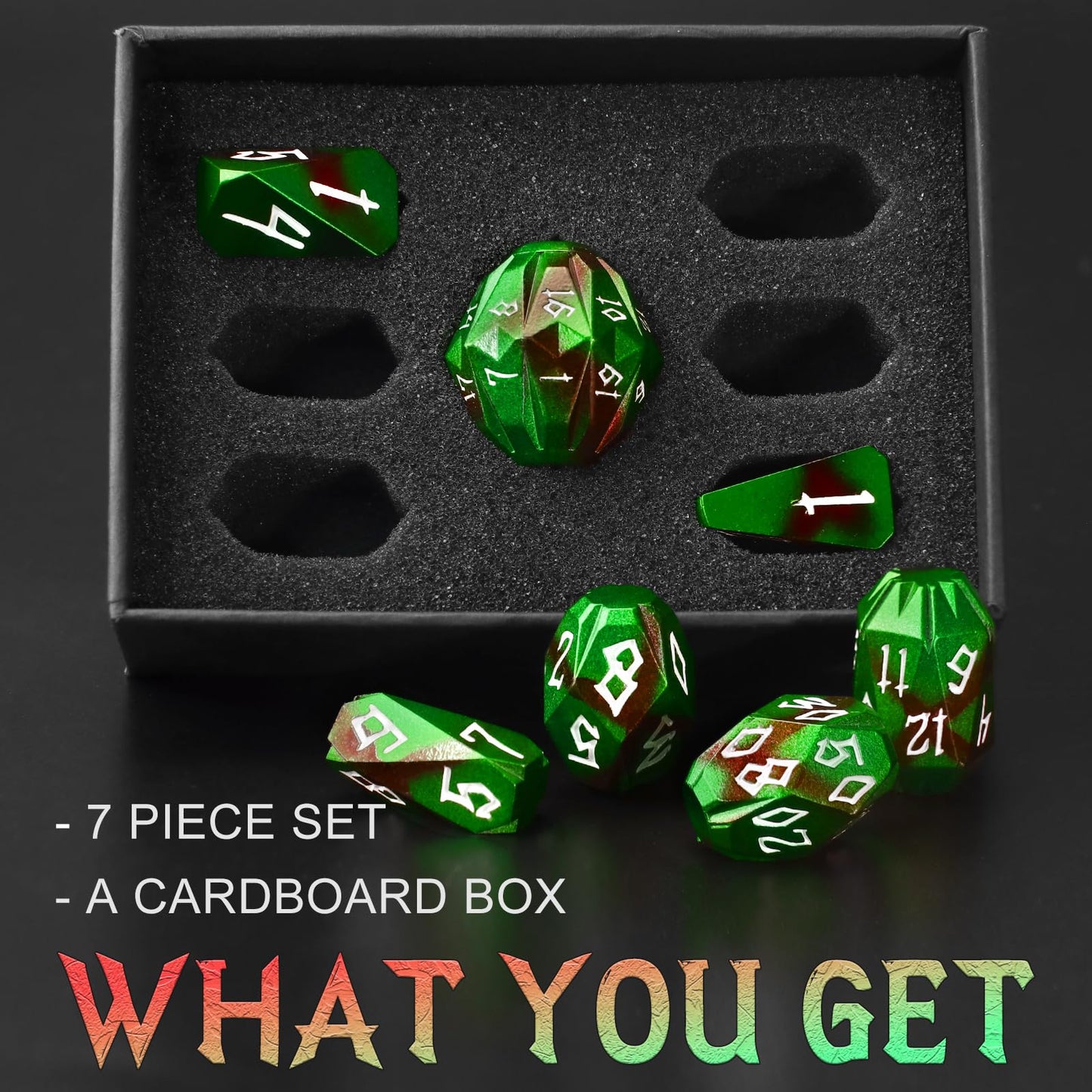 FONVGOGO Metal DND Dice Set – 7-Piece Zinc Alloy Polyhedral Dice with Storage Case (Black/Green)