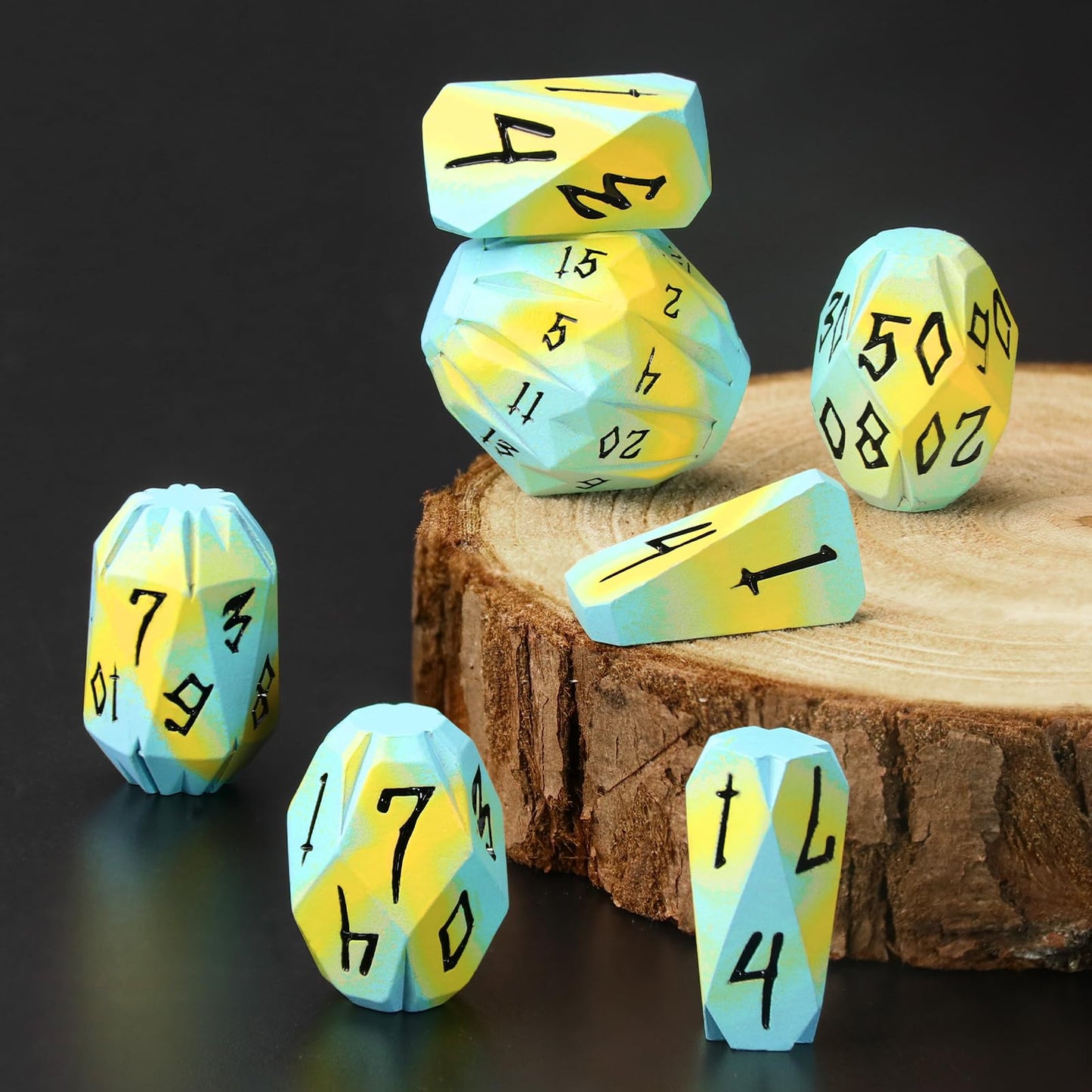 FONVGOGO Metal DND Dice Set – 7 Polyhedral D&D Dice in Blue Yellow with Case