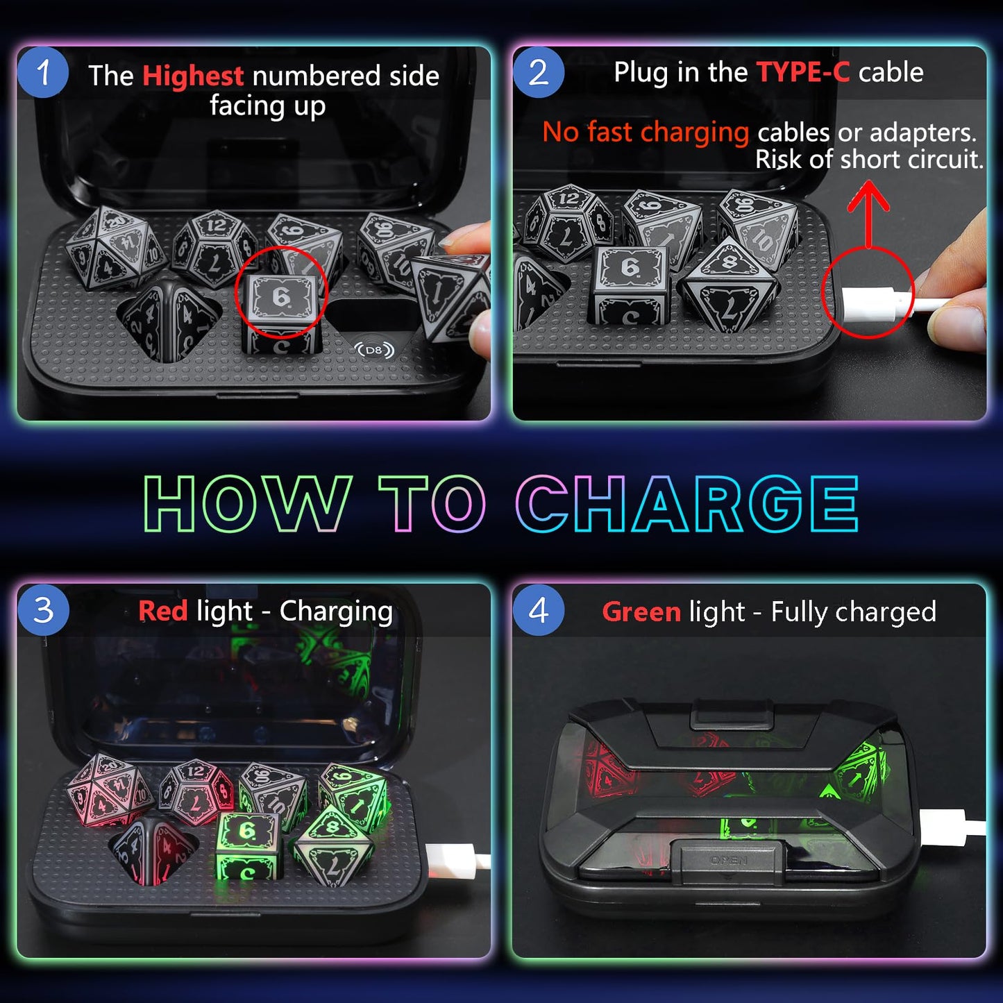 FONVGOGO Light Up Dice Set – 4-in-1 LED DND Dice with Rechargeable Charging Box (Astral Shard Colors)