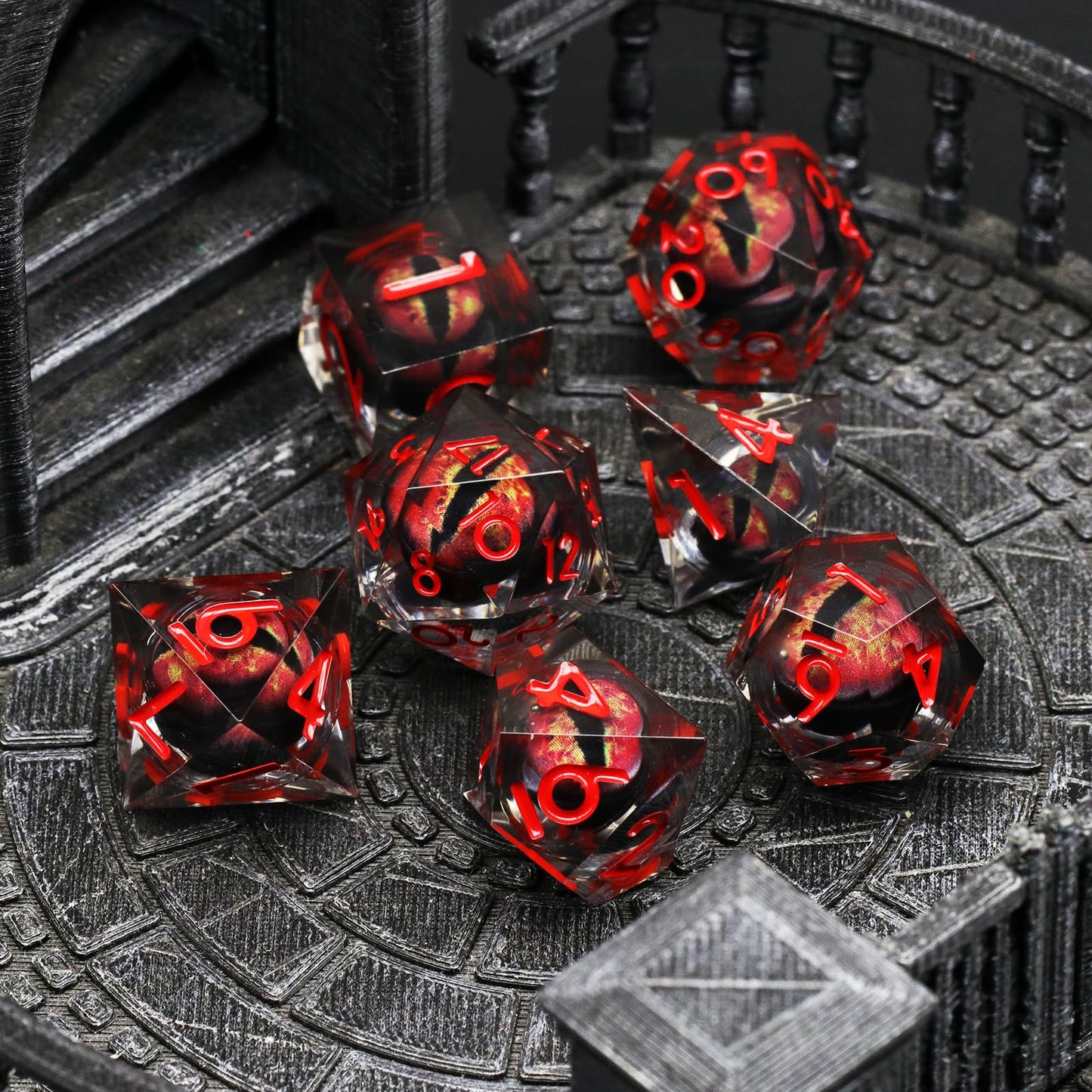FONVGOGO Liquid Core Dragon Eye DND Dice – Sharp Edge Resin Polyhedral Set (Red)