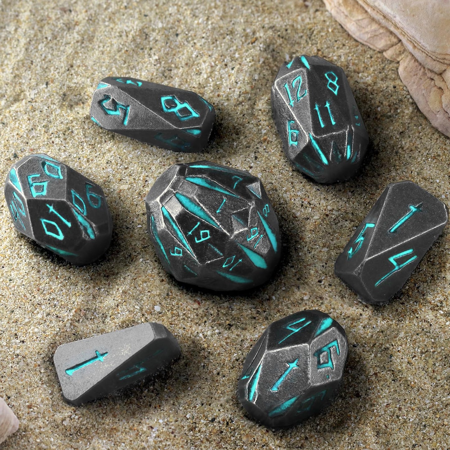FONVGOGO Stonehenge Metal DND Dice Set – 7 Polyhedral Dice in Blue