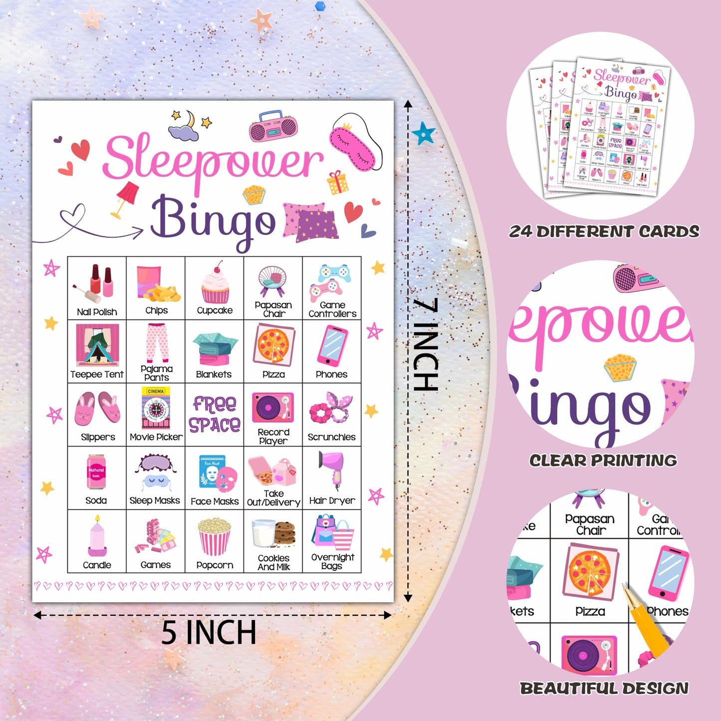 Foosproea Sleepover Bingo Cards – 24-Player Pajama Party Game for Slumber Parties
