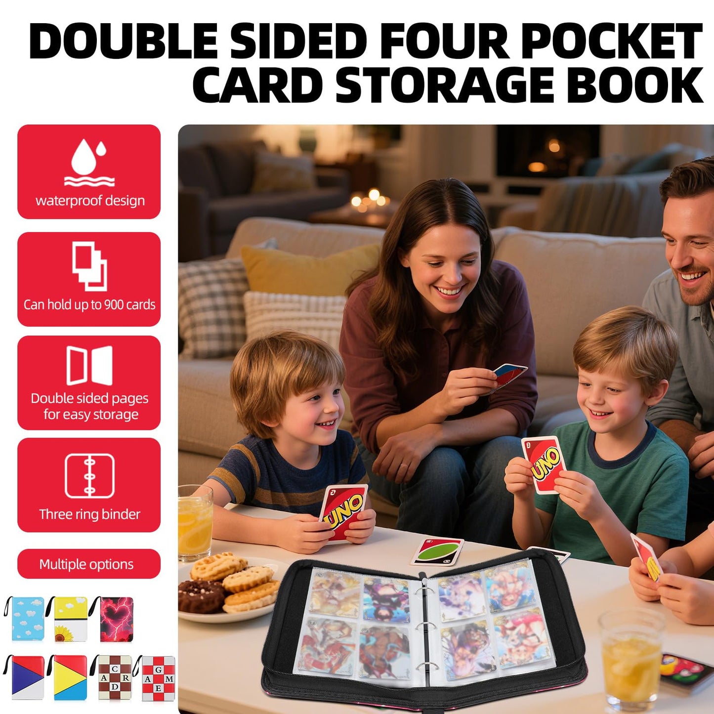 FootJKYX Collectible Card Album Binder — 4-Pocket, 400-Card Capacity, PU Waterproof, 50 Removable Sleeves (Red/Blue/White)