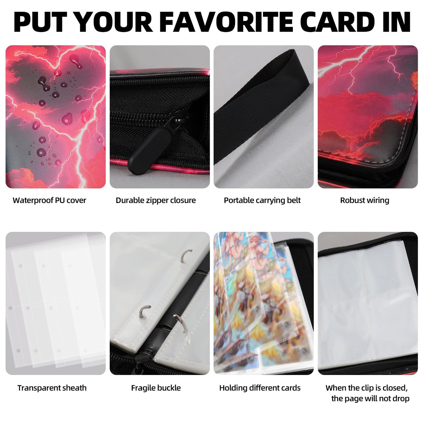 FootJKYX Collectible Card Album Binder — 4-Pocket, 400-Card Capacity, PU Waterproof, 50 Removable Sleeves (Red/Blue/White)