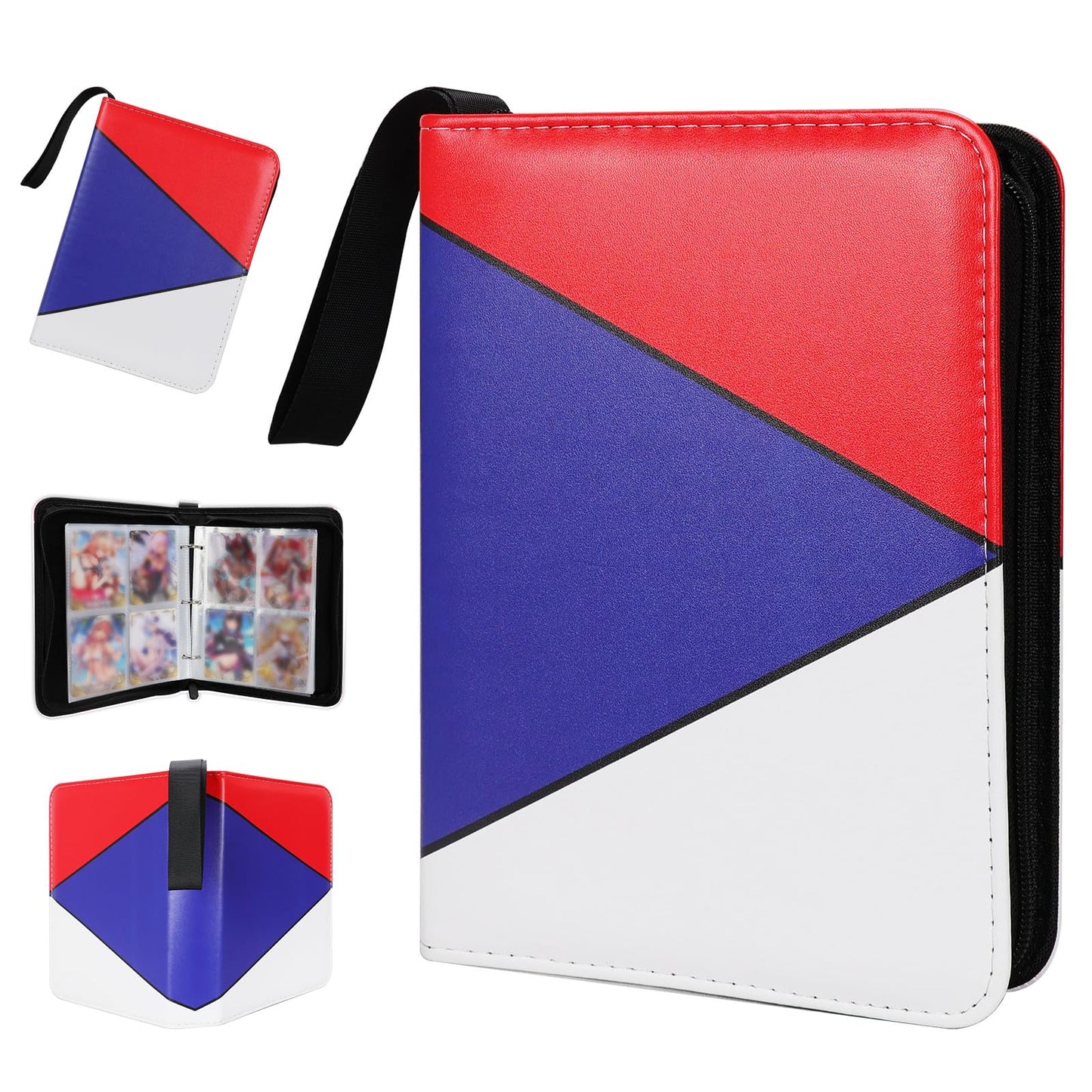 FootJKYX Collectible Card Album Binder — 4-Pocket, 400-Card Capacity, PU Waterproof, 50 Removable Sleeves (Red/Blue/White)
