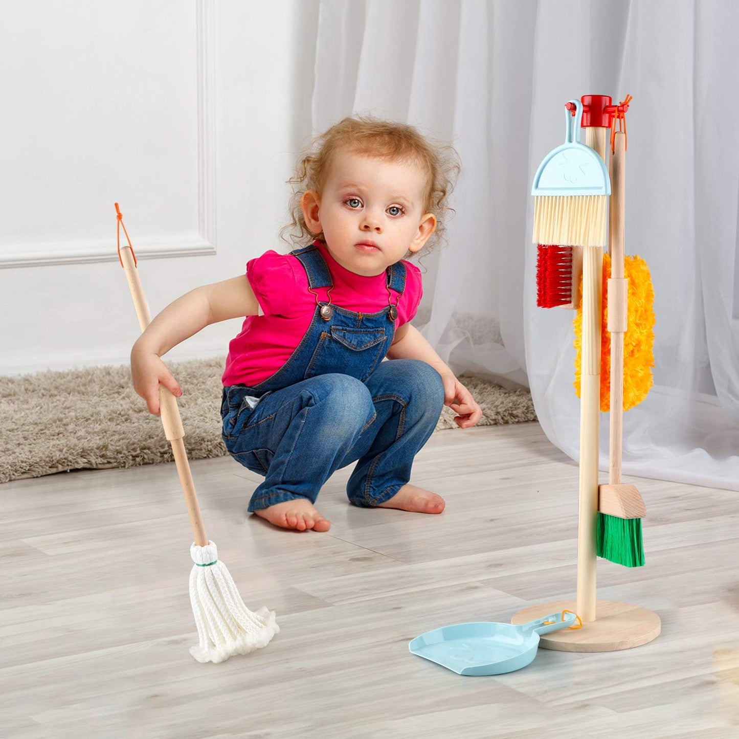 FOPNETS 7-Piece Wooden Kids Cleaning Set – Pretend Play Tools