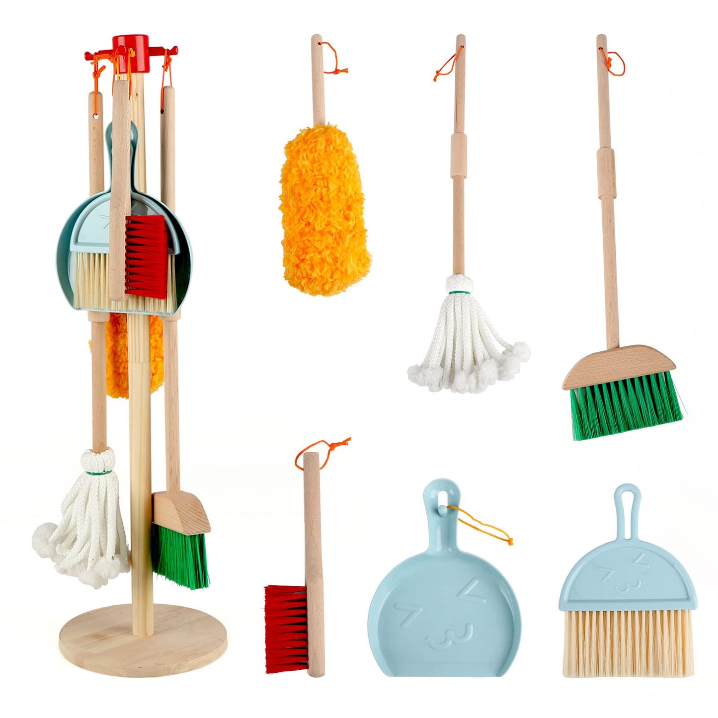 FOPNETS 7-Piece Wooden Kids Cleaning Set – Pretend Play Tools