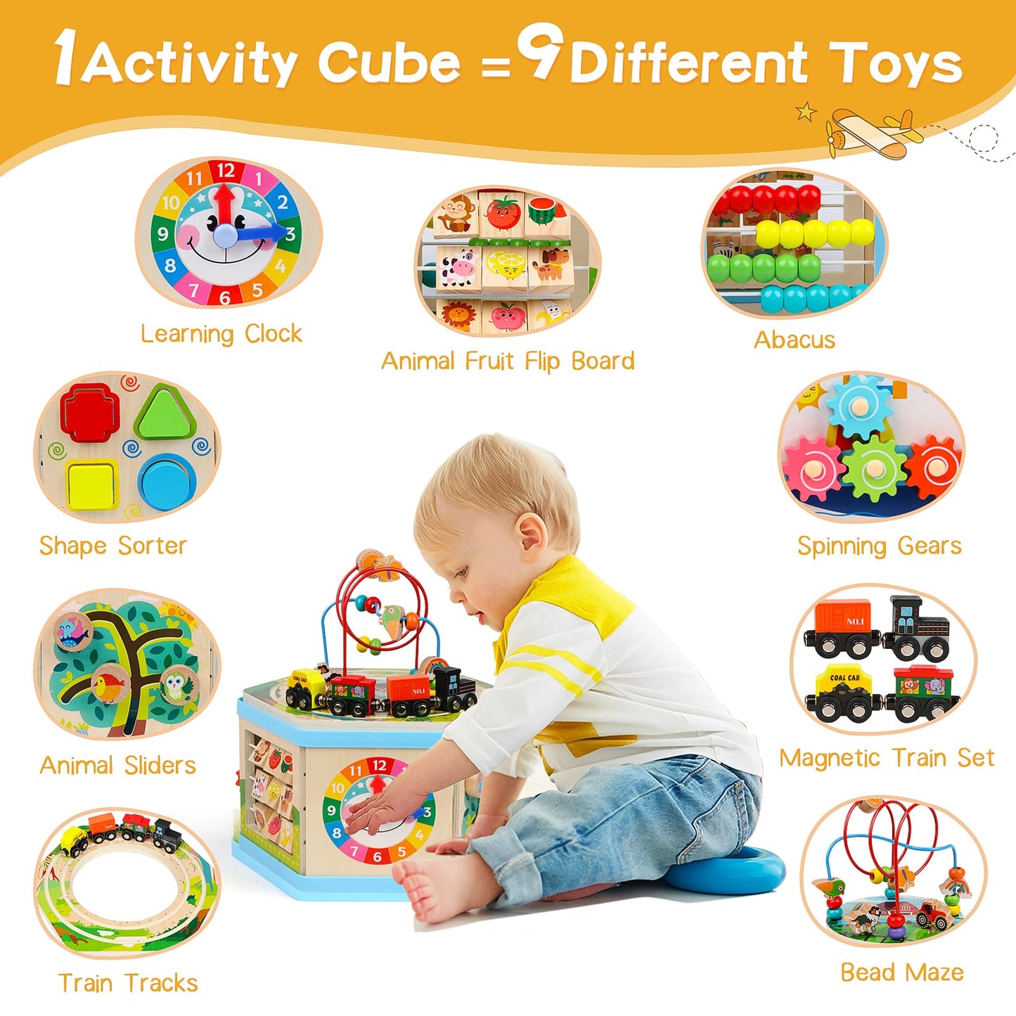 FOPNETS Wooden Activity Cube 9-in-1 Montessori Toys for Toddlers (Age 1+)