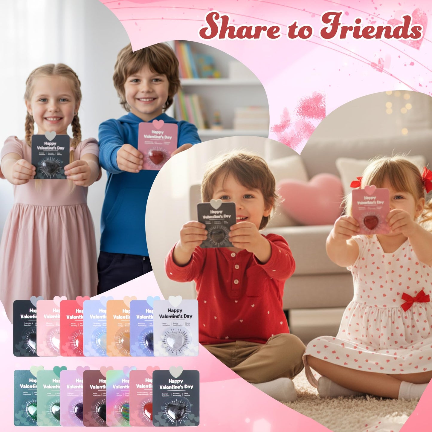 Fopxuni Valentines Day Cards for Kids with 28 Natural Crystal Hearts – Classroom Gifts